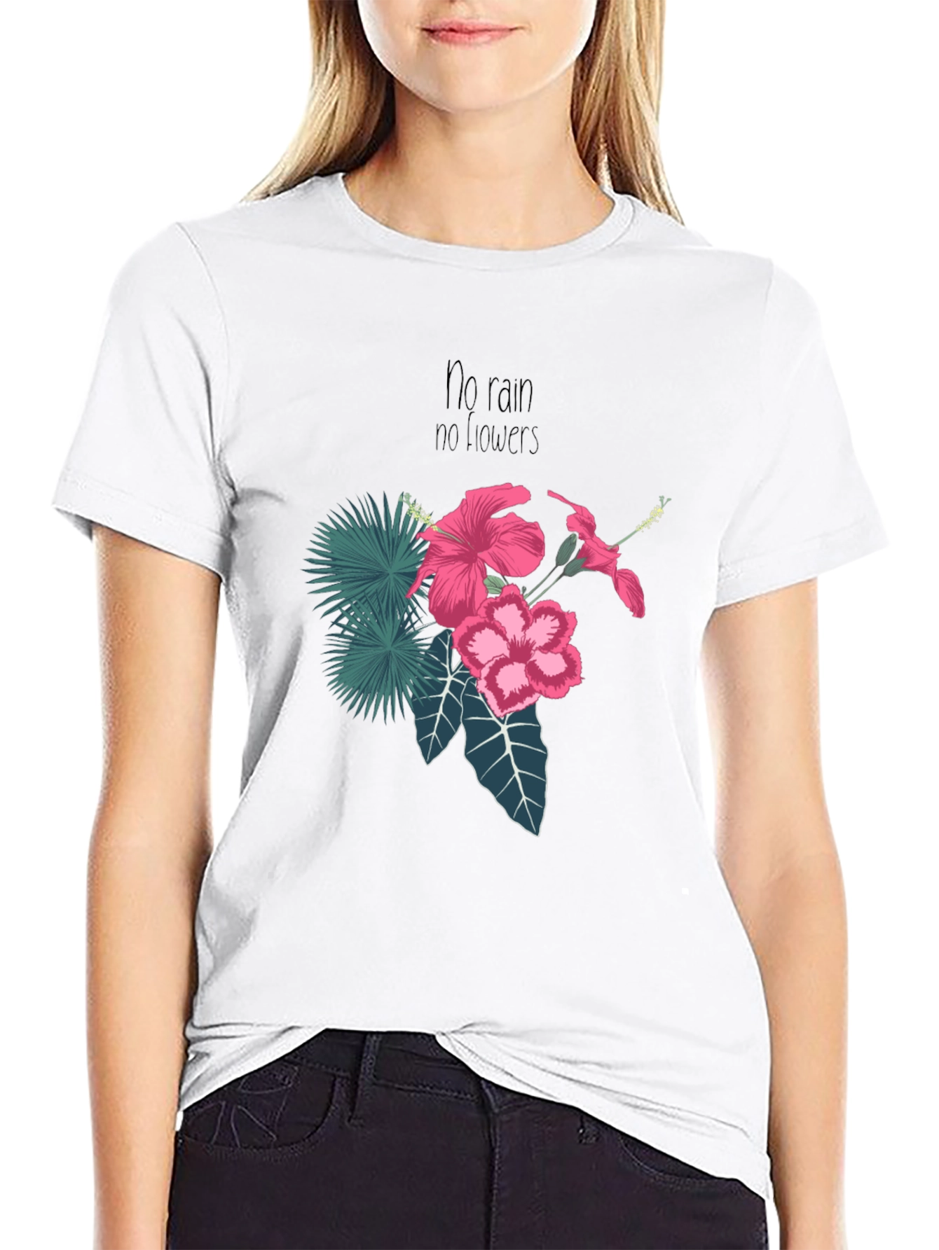 Black T-Shirt with Floral and Inspirational Print