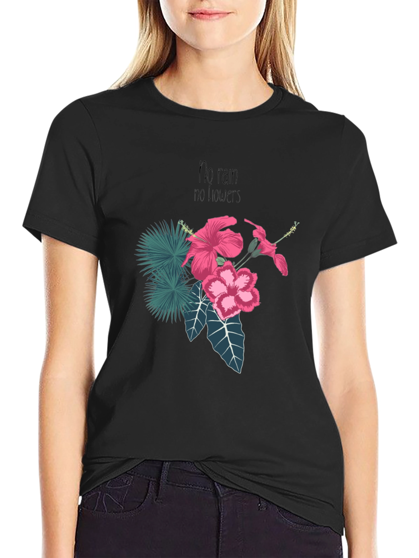 Black T-Shirt with Floral and Inspirational Print