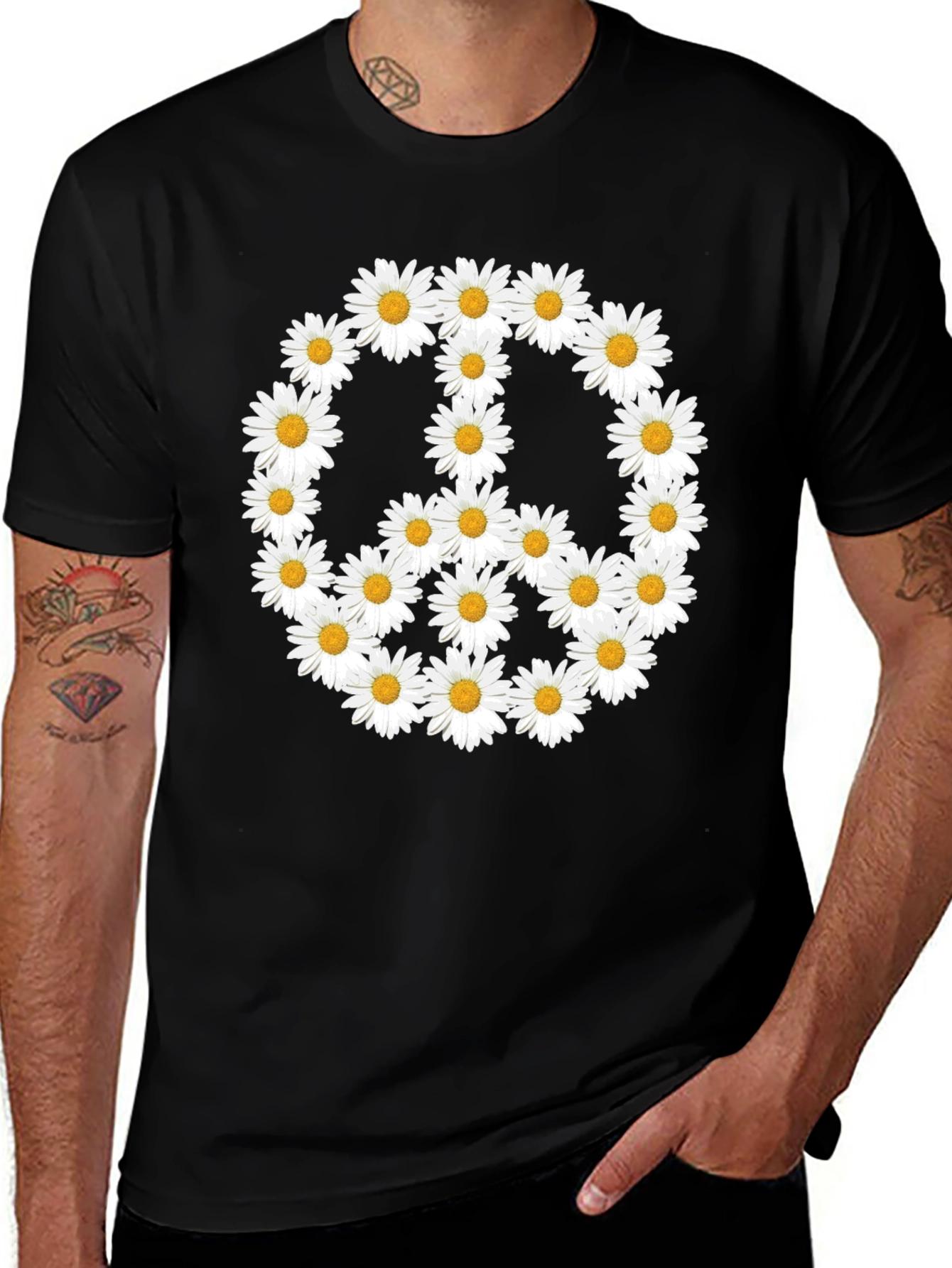 Daisy Peace Sign T-Shirt - Black Crew Neck