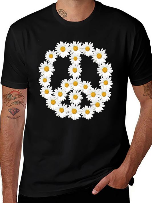Daisy Peace Sign T-Shirt - Black Crew Neck