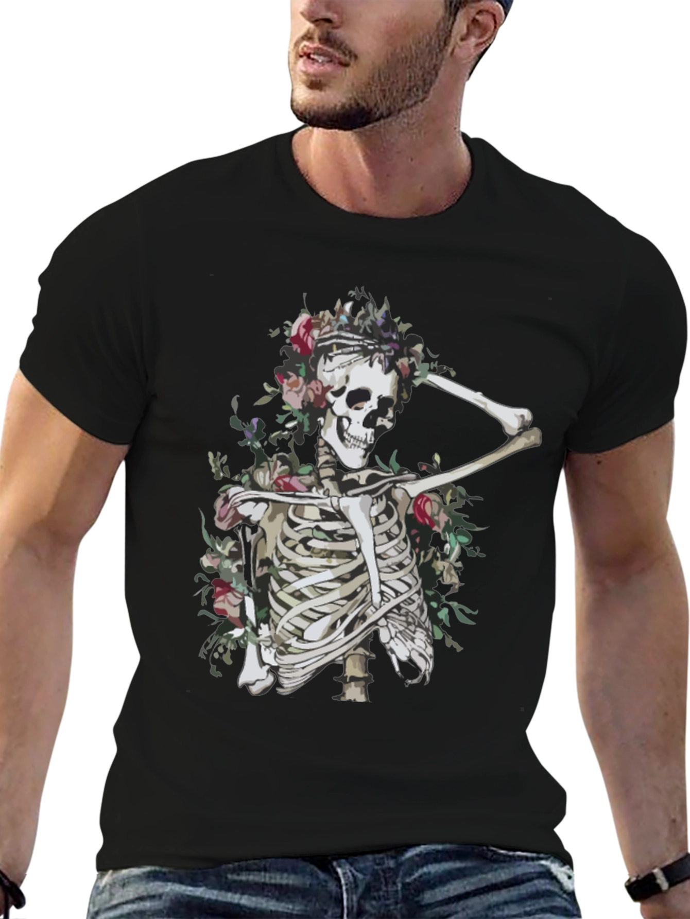 Floral Skeleton Graphic Tee - Unisex Black T-Shirt