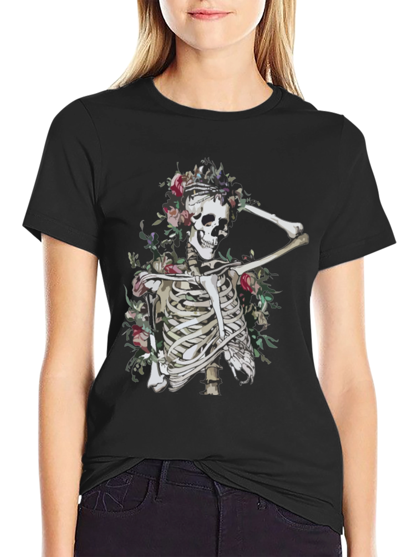 Floral Skeleton Graphic Tee - Unisex Black T-Shirt