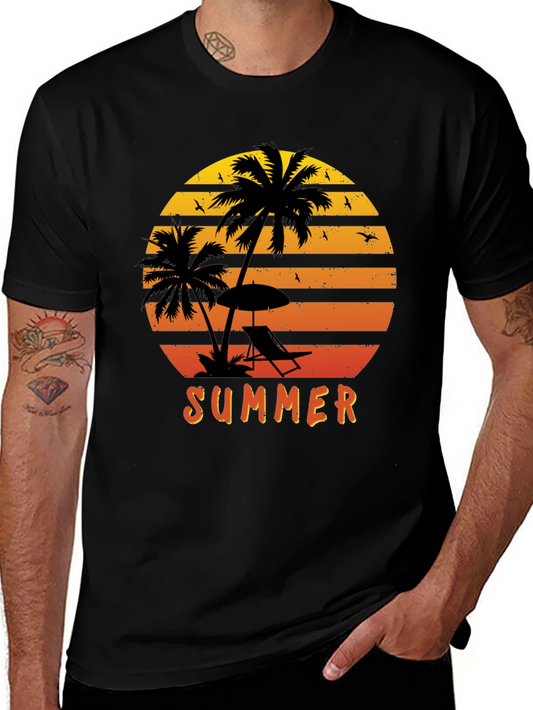 Summer Vibes Graphic Tee - Palm Tree Sunset Design