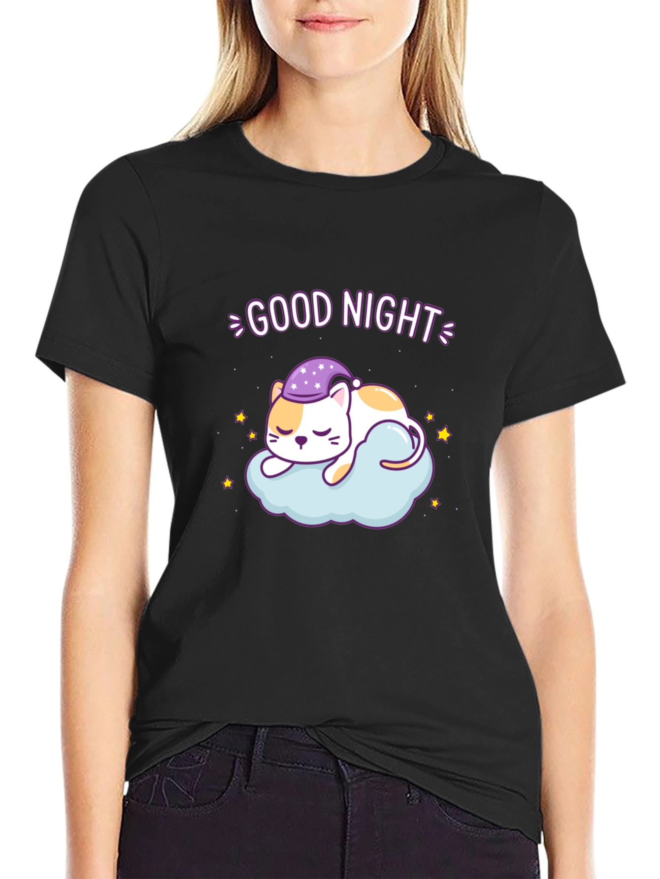 Cute Good Night Cat Sleeping on Cloud T-Shirt