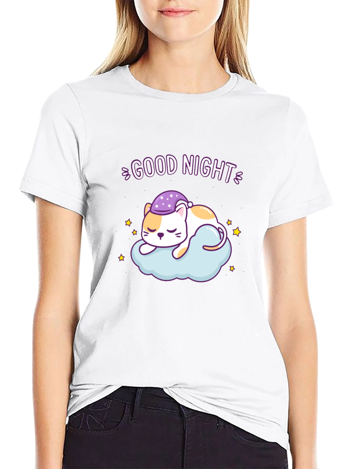Cute Good Night Cat Sleeping on Cloud T-Shirt