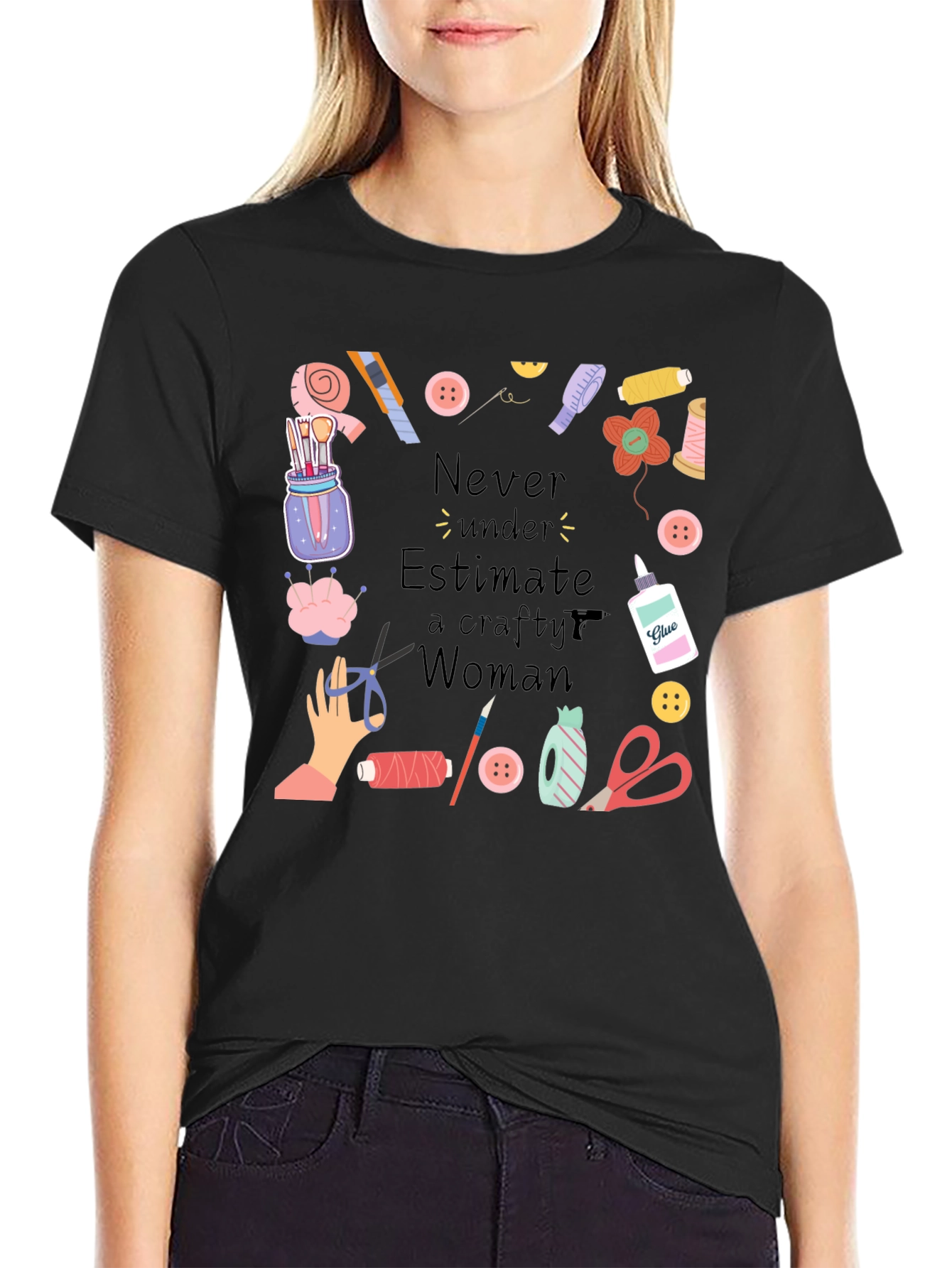 Crafty Woman T-Shirt - Black Cotton Graphic Tee