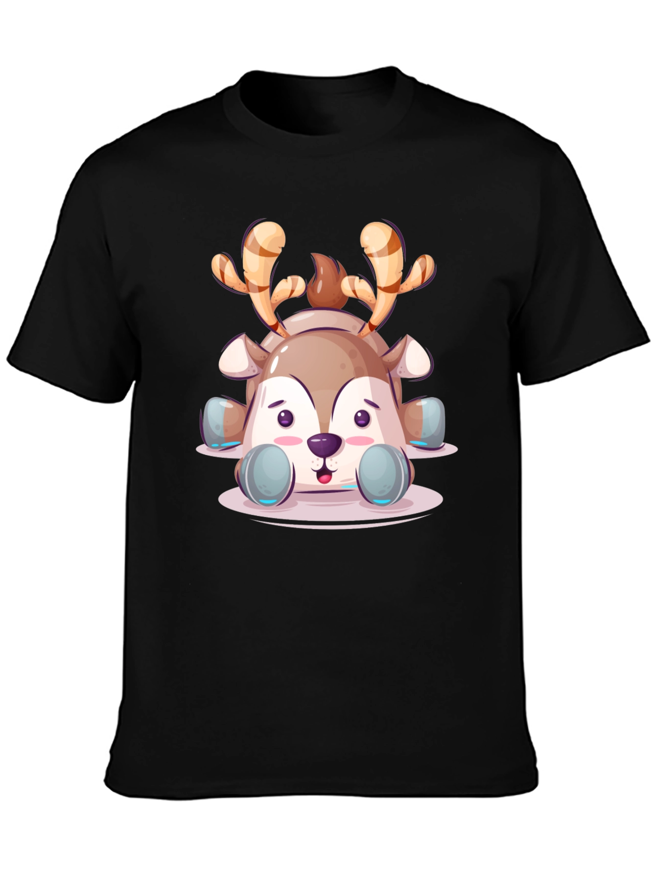 Cute Cartoon Reindeer Graphic Tee - Black Unisex T-Shirt