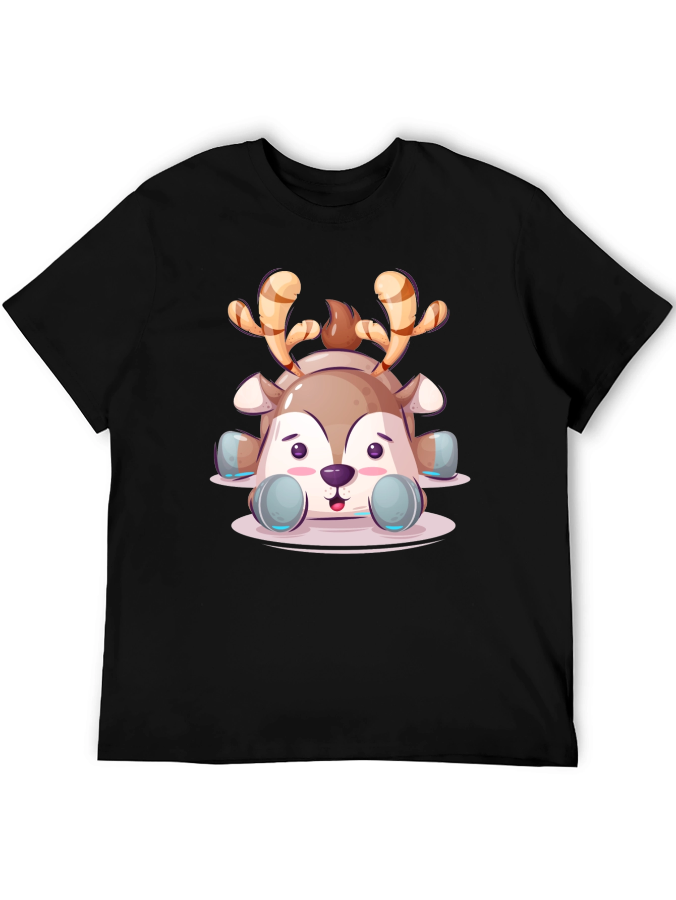 Cute Cartoon Reindeer Graphic Tee - Black Unisex T-Shirt
