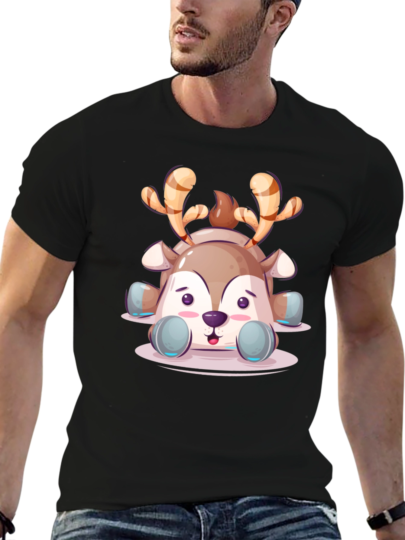 Cute Cartoon Reindeer Graphic Tee - Black Unisex T-Shirt