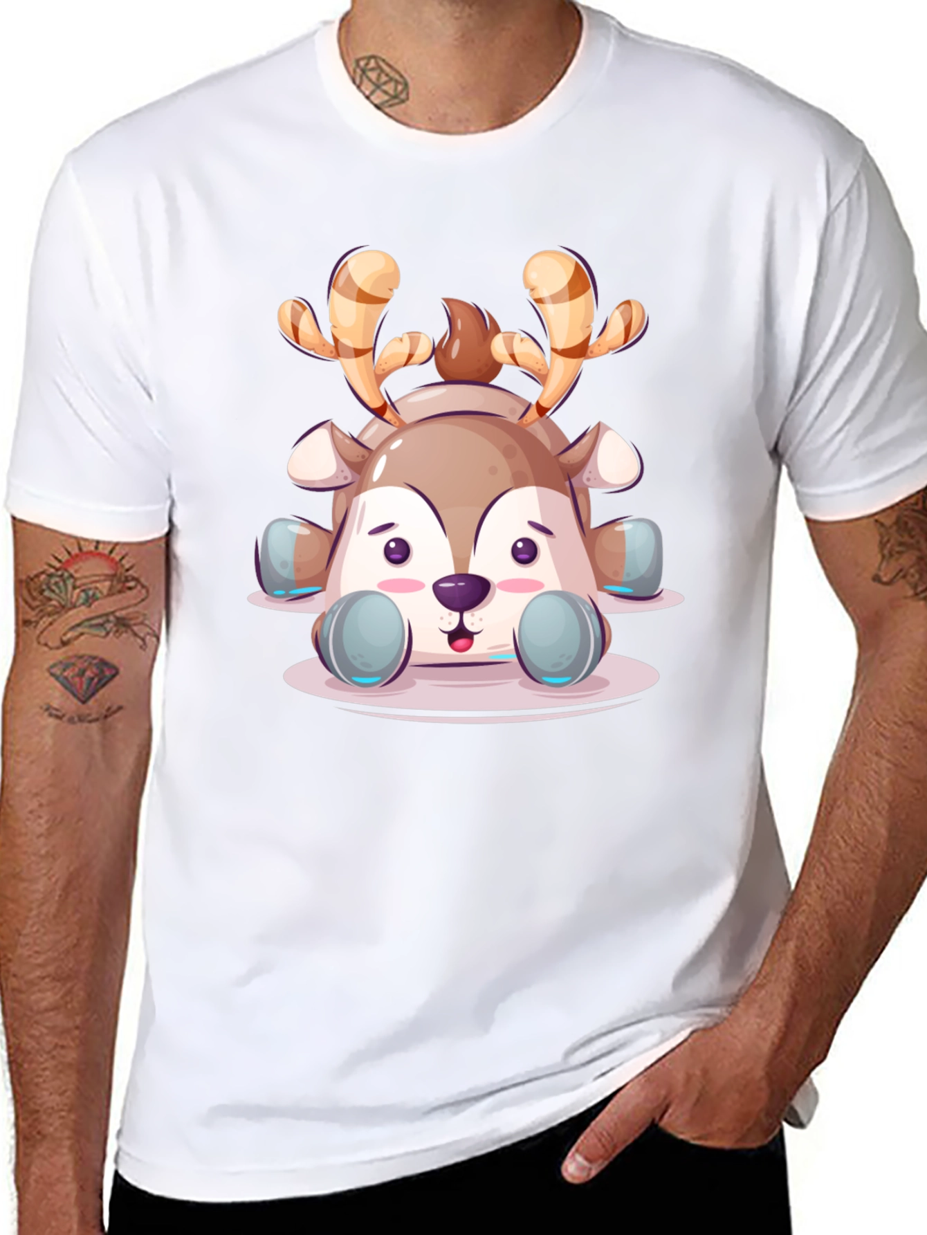 Cute Cartoon Reindeer Graphic Tee - Black Unisex T-Shirt
