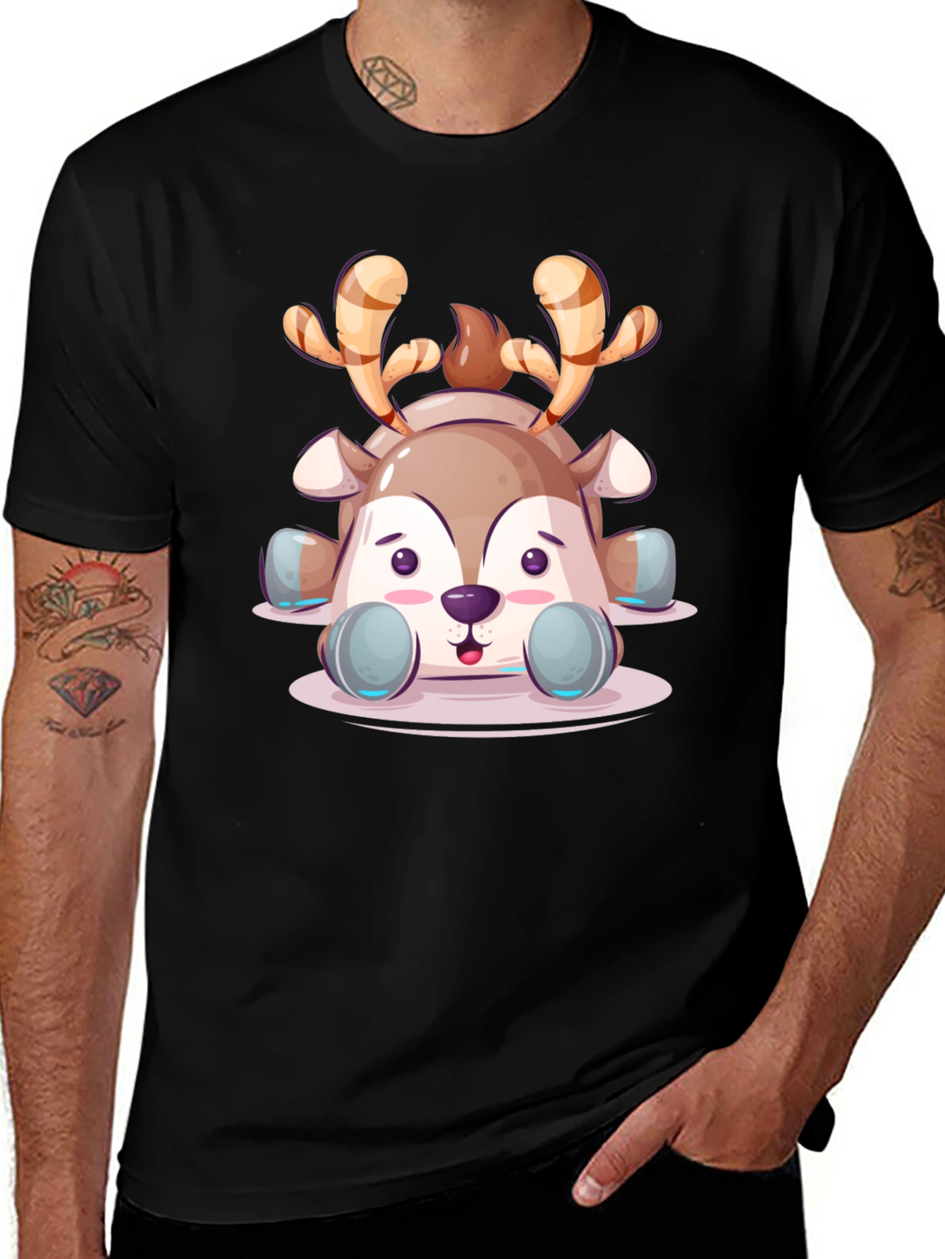 Cute Cartoon Reindeer Graphic Tee - Black Unisex T-Shirt