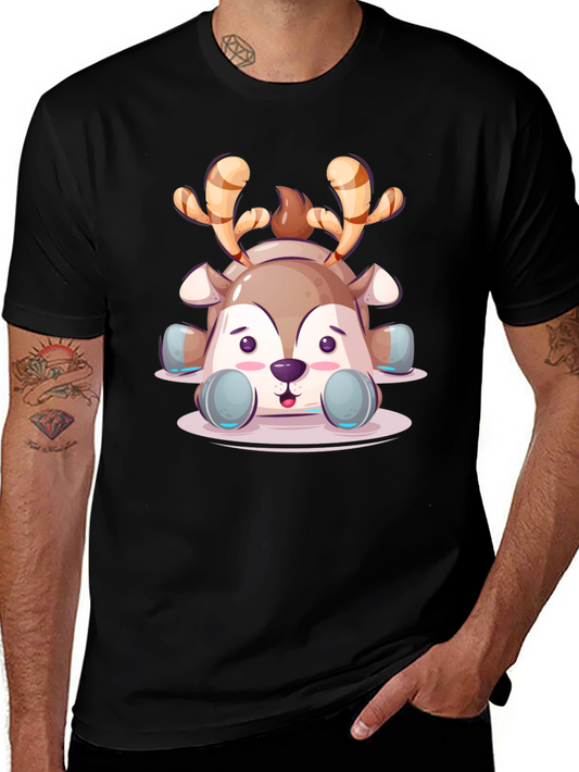 Cute Cartoon Reindeer Graphic Tee - Black Unisex T-Shirt