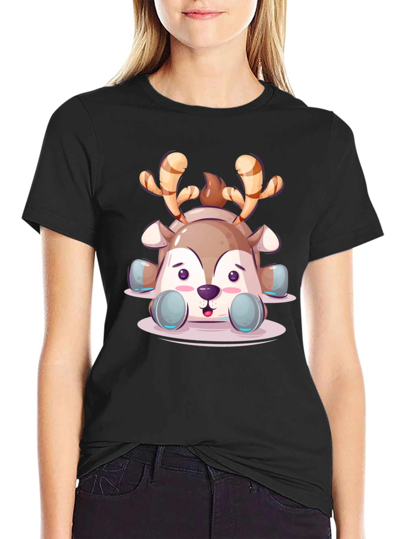 Cute Cartoon Reindeer Graphic Tee - Black Unisex T-Shirt