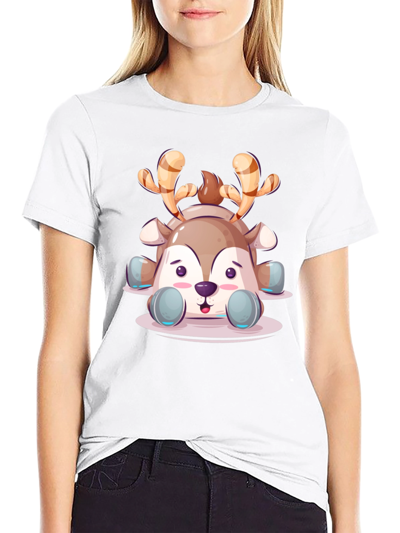 Cute Cartoon Reindeer Graphic Tee - Black Unisex T-Shirt