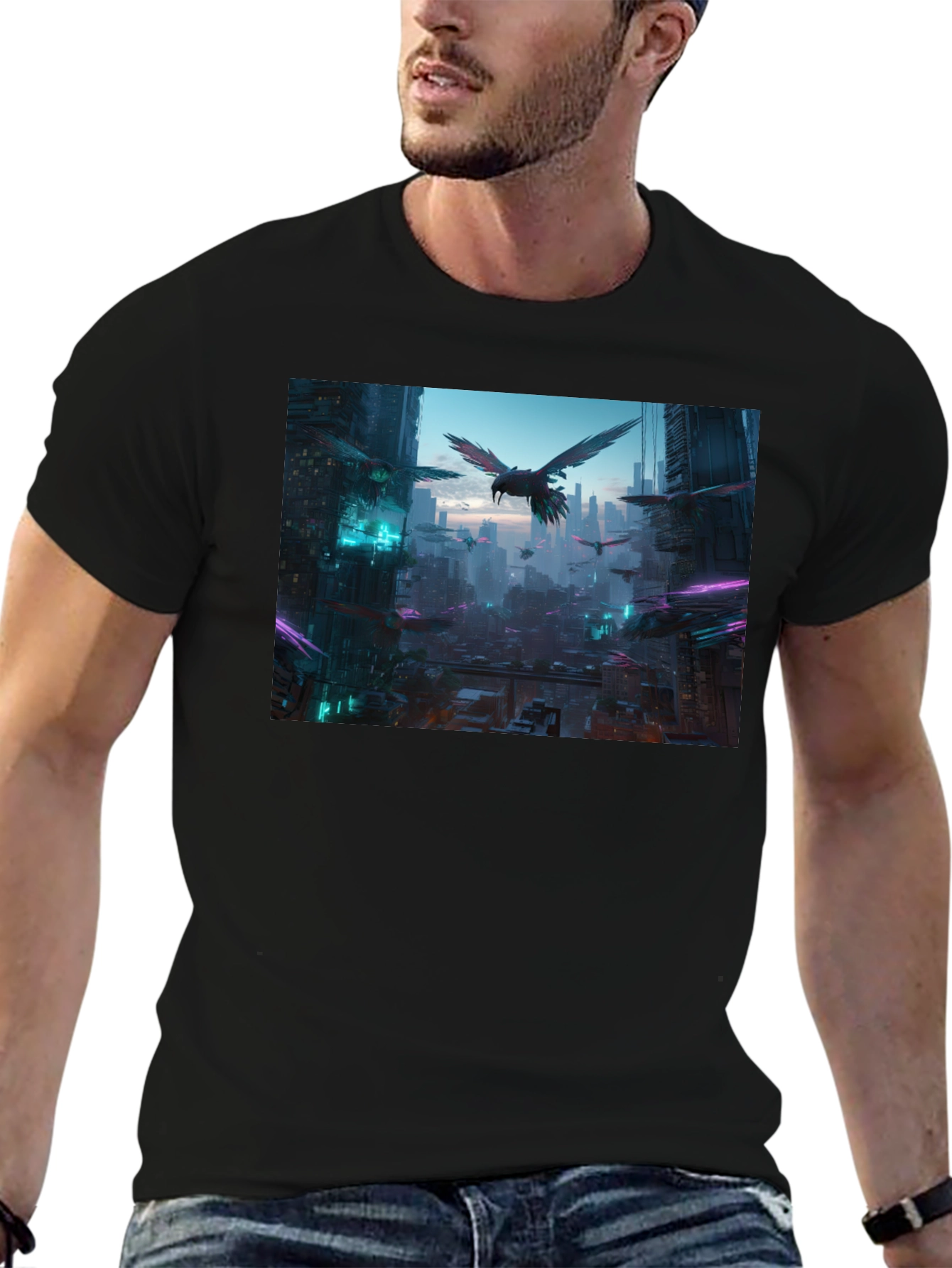 Cyberpunk Cityscape Raven Graphic Tee