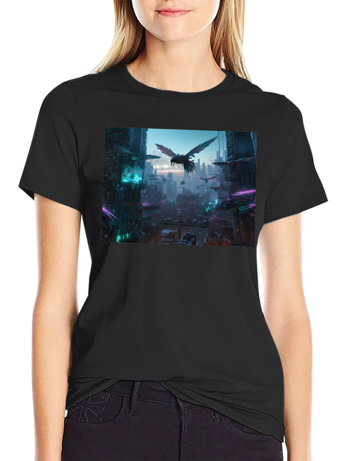 Cyberpunk Cityscape Raven Graphic Tee