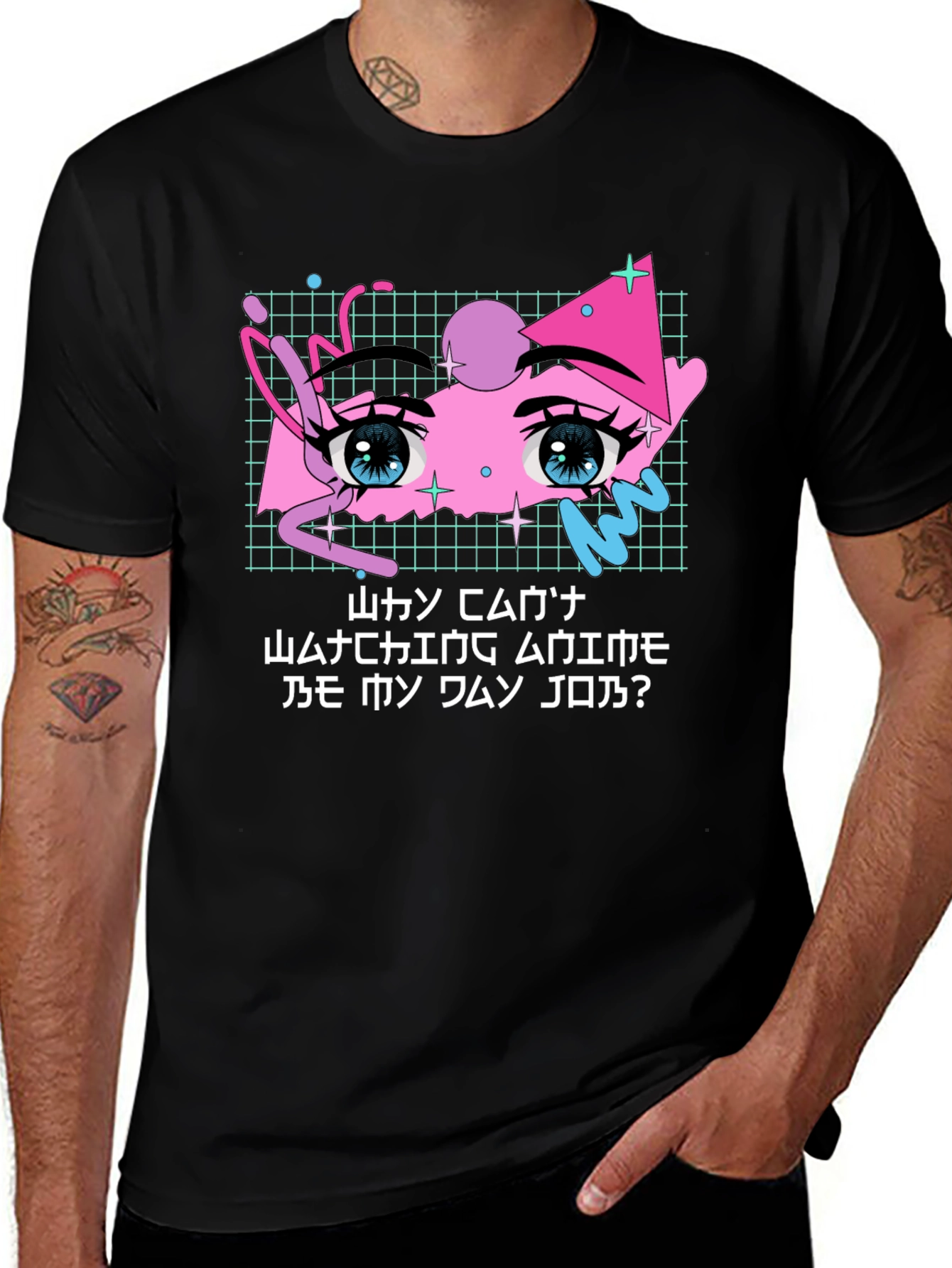 Anime Eyes Graphic Tee - Black Crewneck Cotton T-Shirt