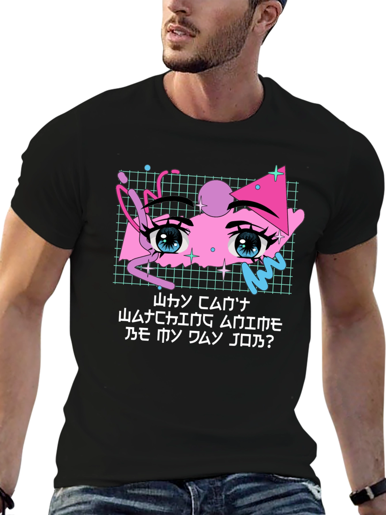 Anime Eyes Graphic Tee - Black Crewneck Cotton T-Shirt