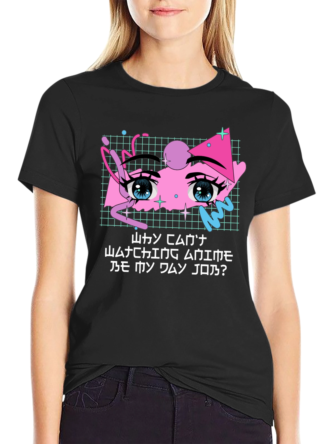 Anime Eyes Graphic Tee - Black Crewneck Cotton T-Shirt
