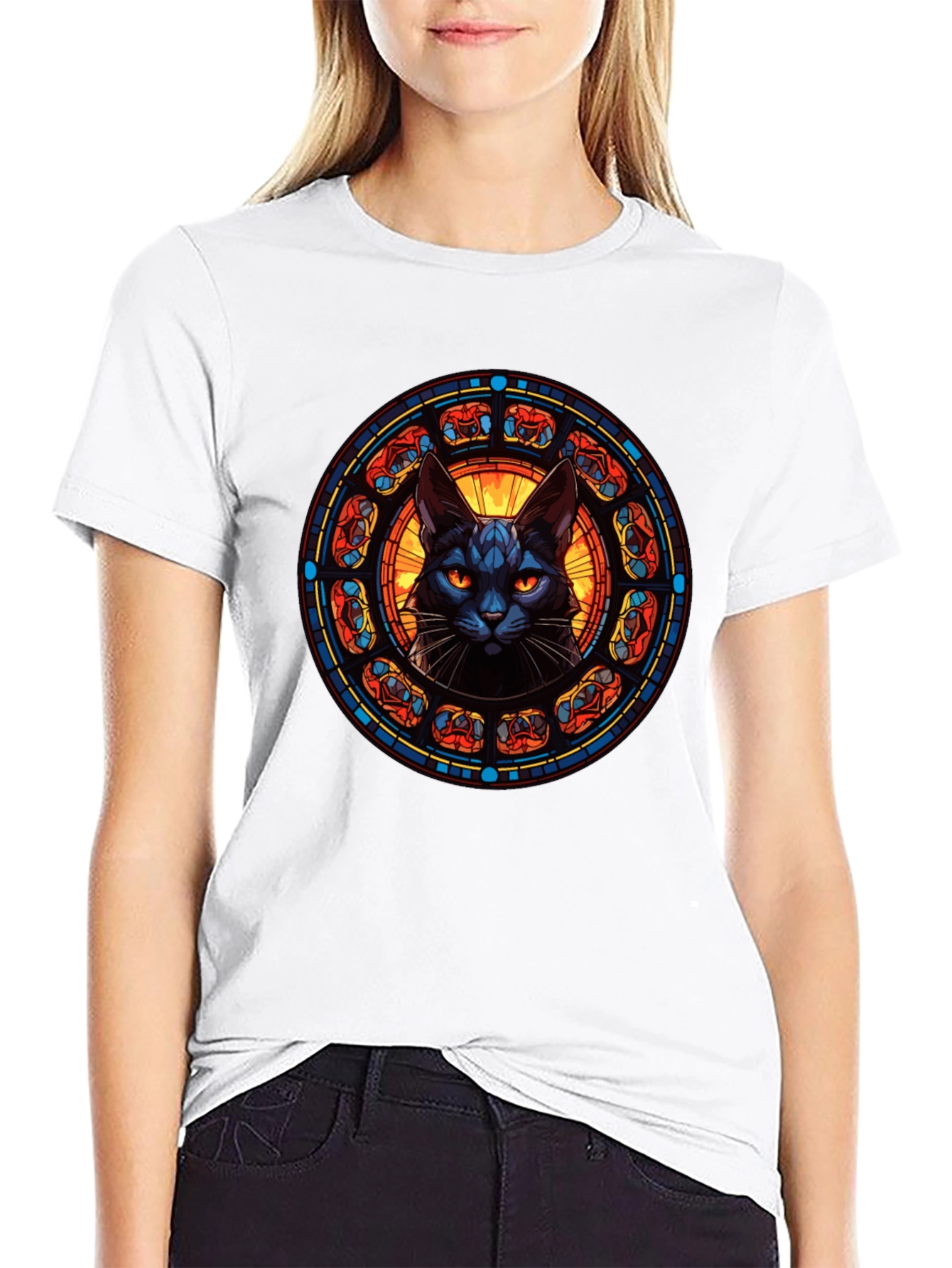 Stained Glass Cat T-Shirt - Gothic Feline Design