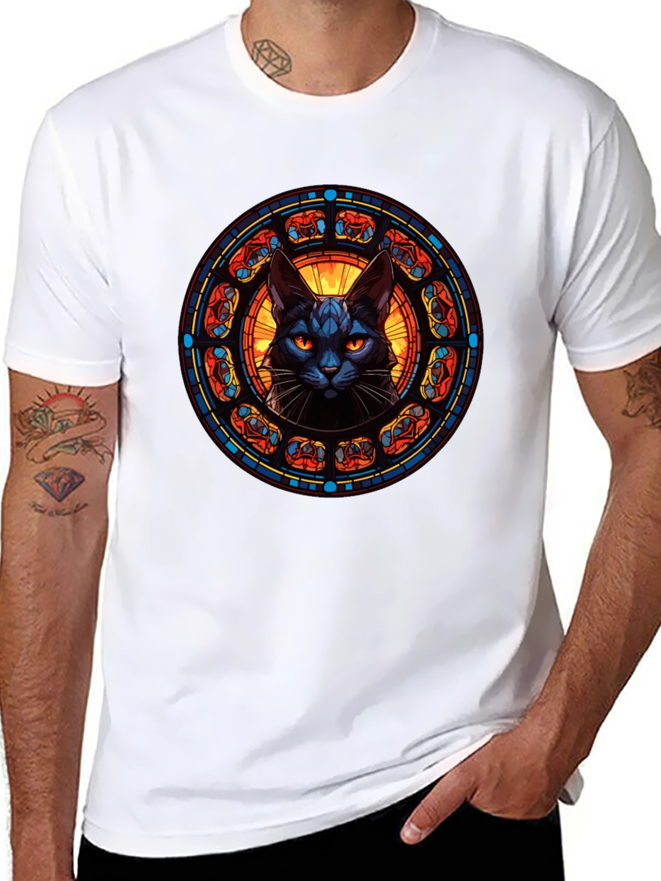 Stained Glass Cat T-Shirt - Gothic Feline Design