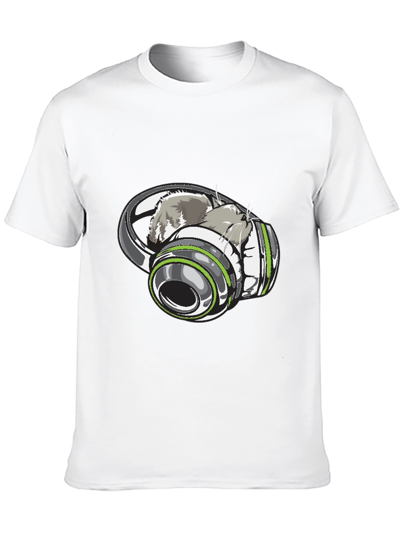 Cat in Headphones Graphic Tee - Black