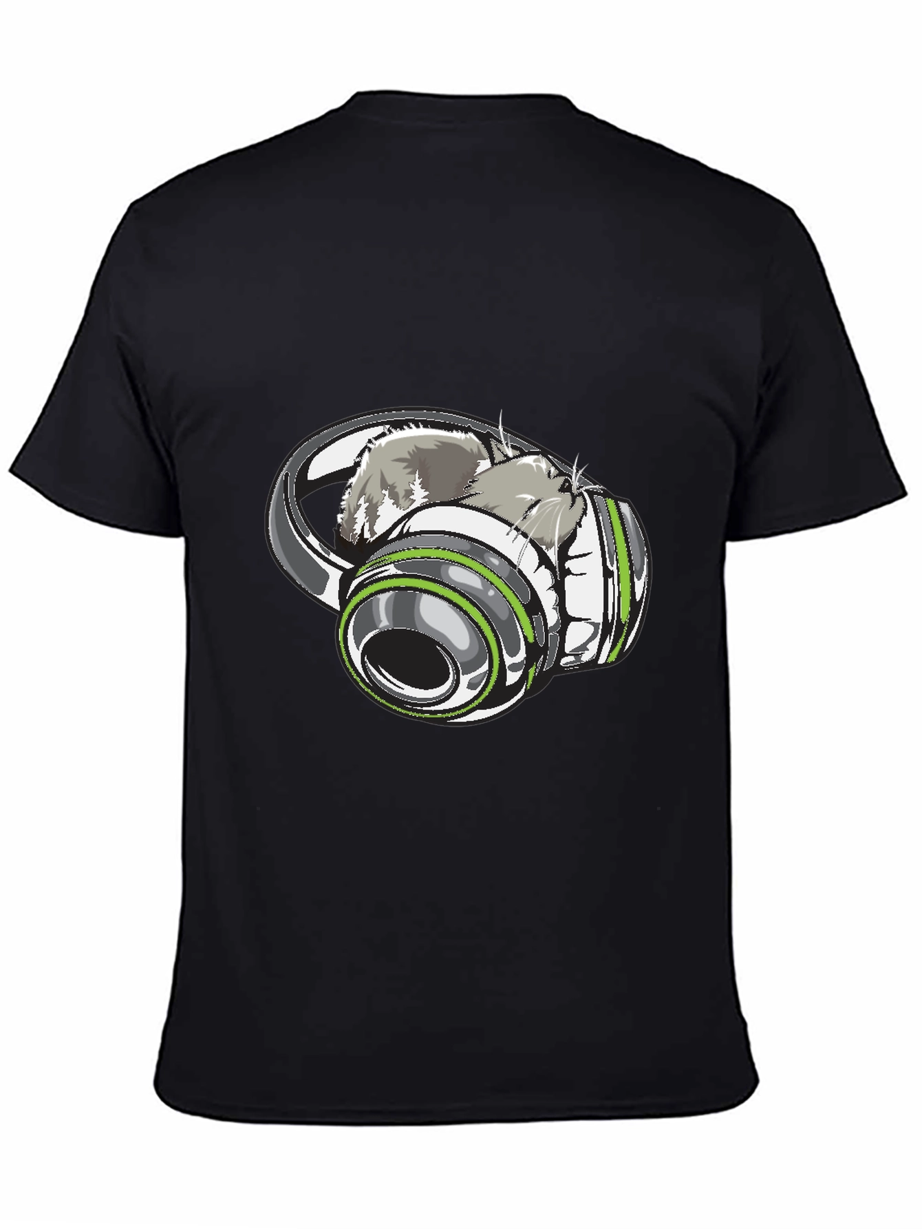 Cat in Headphones Graphic Tee - Black
