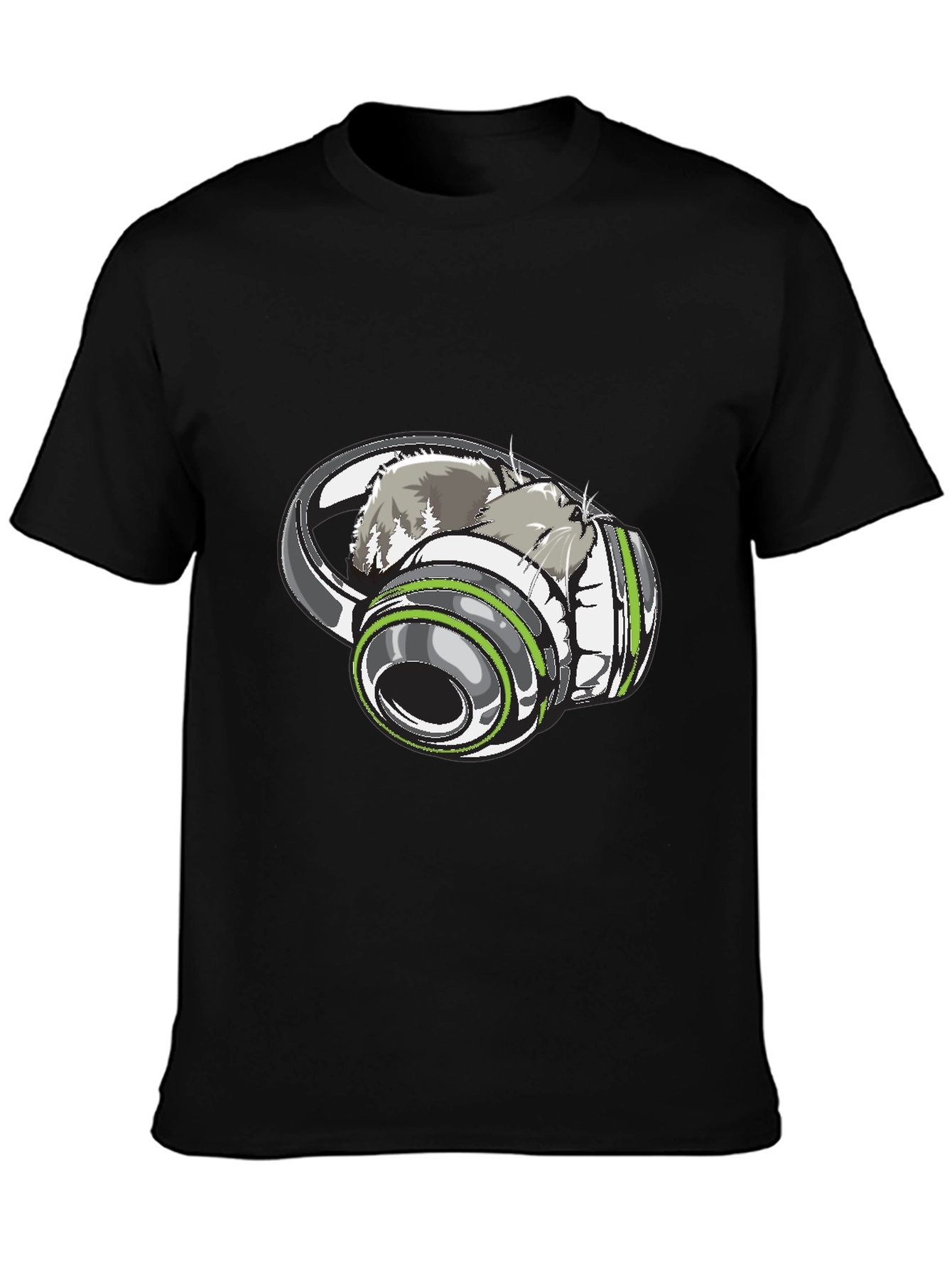 Cat in Headphones Graphic Tee - Black