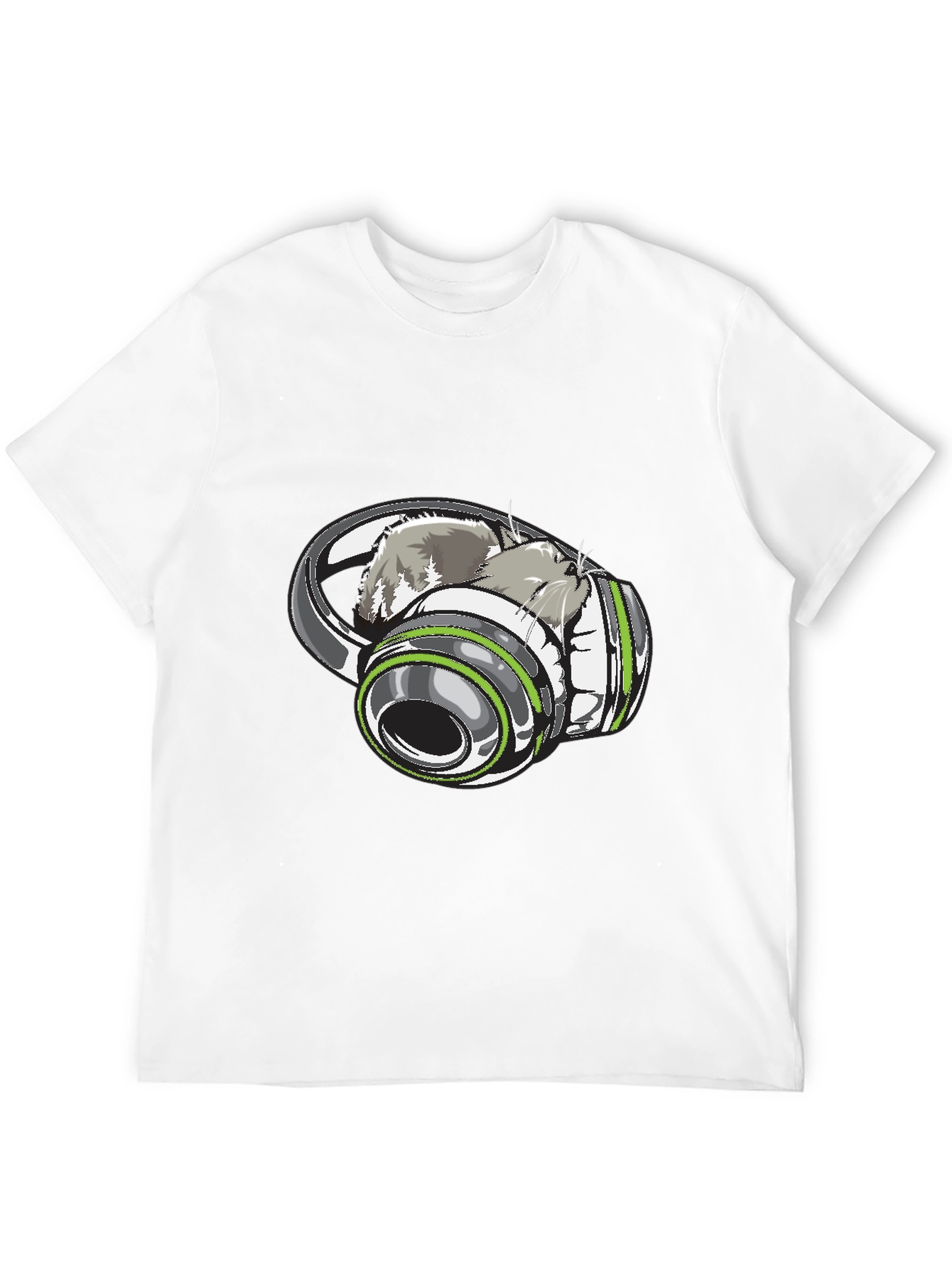 Cat in Headphones Graphic Tee - Black