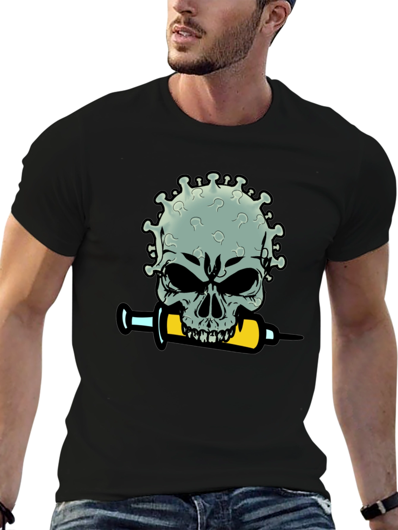Skull Virus Syringe Mens Black T-Shirt