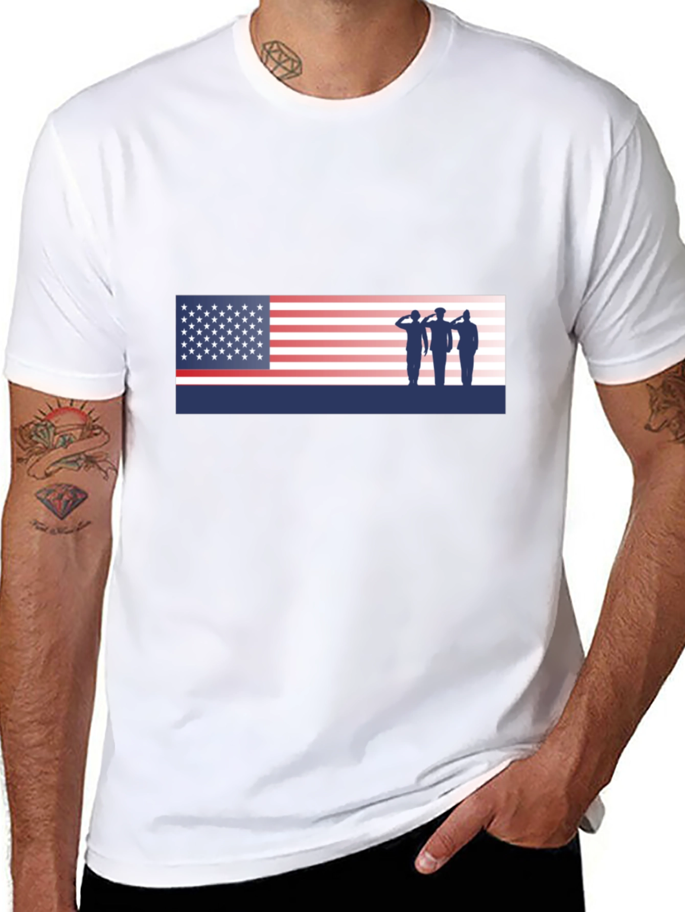 American Flag Saluting Soldiers Graphic T-Shirt