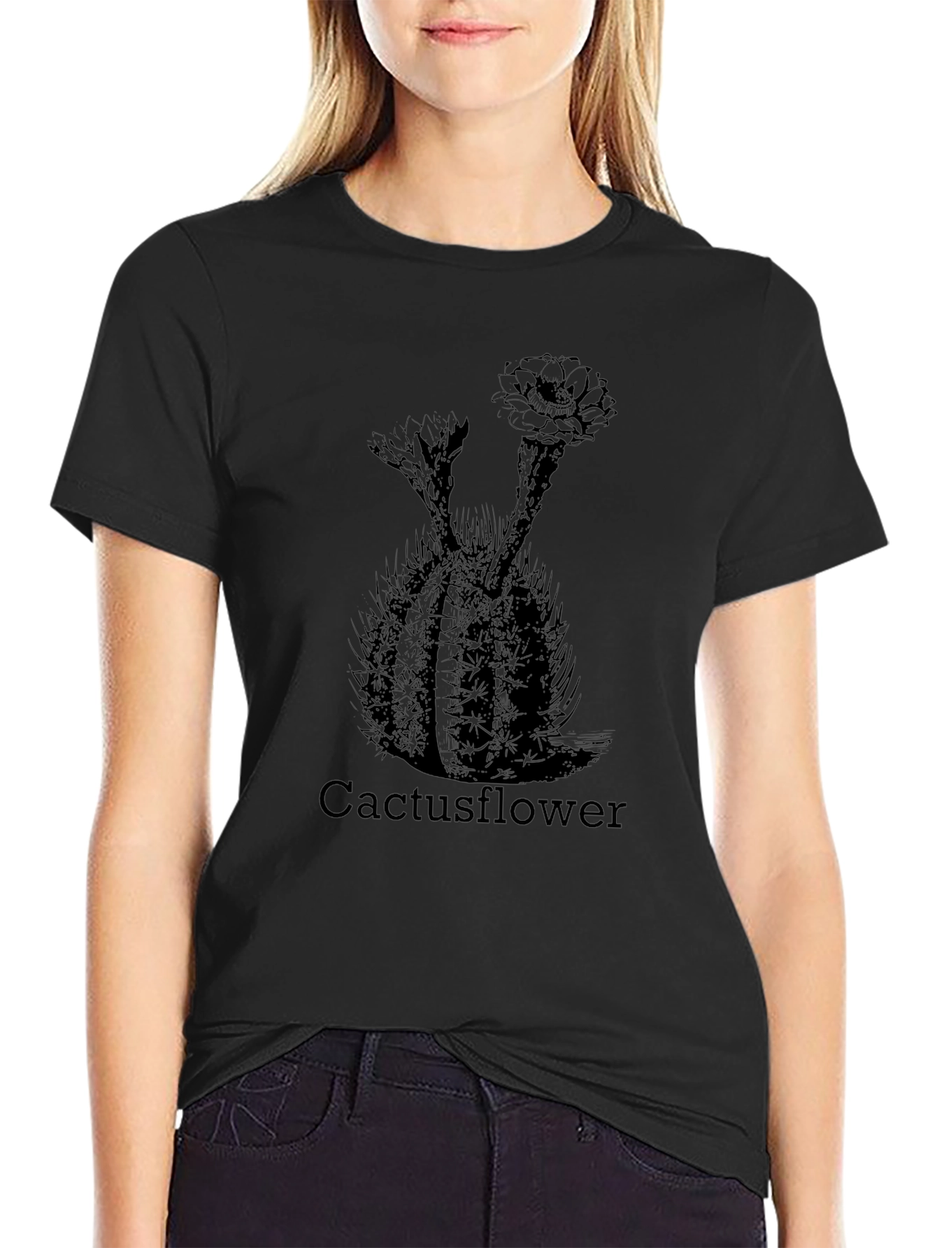 Cactus Flower Print Black T-Shirt