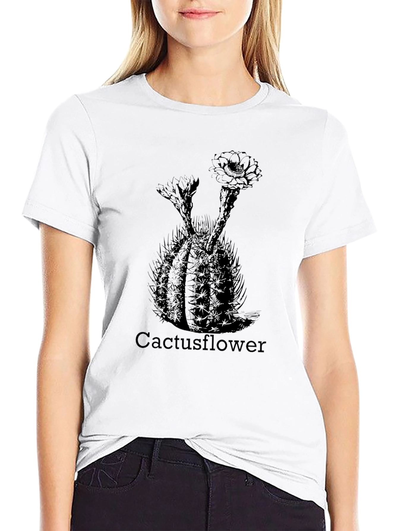 Cactus Flower Print Black T-Shirt