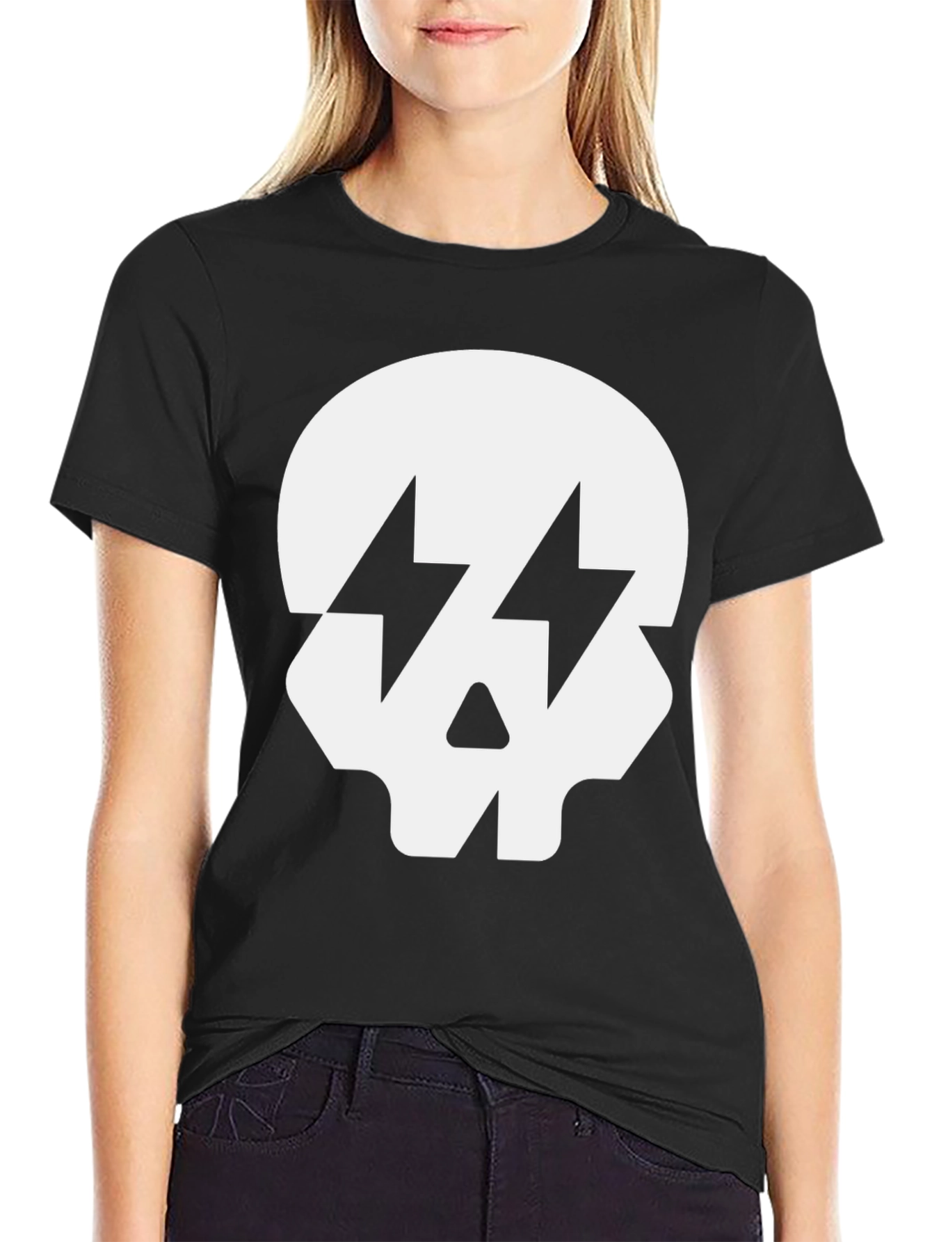 Skull with Lightning Bolt Eyes Black T-Shirt