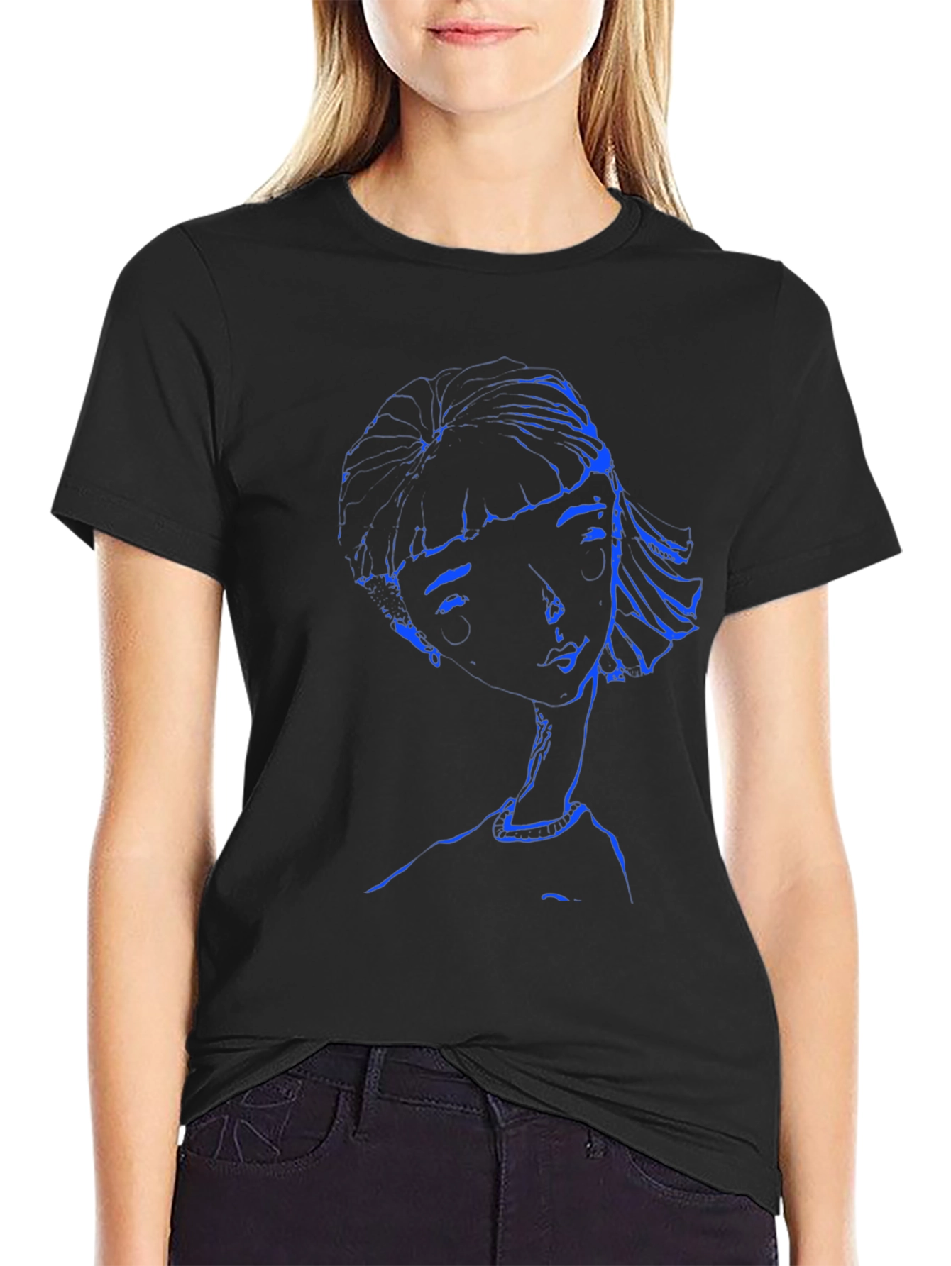 Abstract Blue Woman Graphic Black T-Shirt