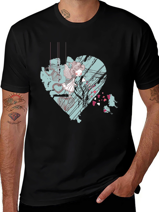 Artistic Heart Angel Graphic Tee - Black Cotton Blend