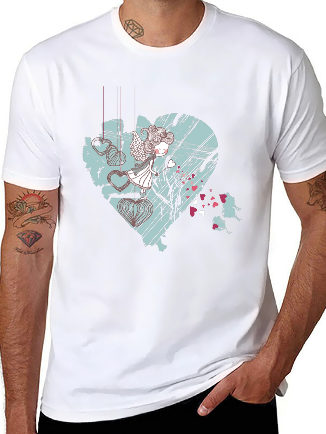 Artistic Heart Angel Graphic Tee - Black Cotton Blend