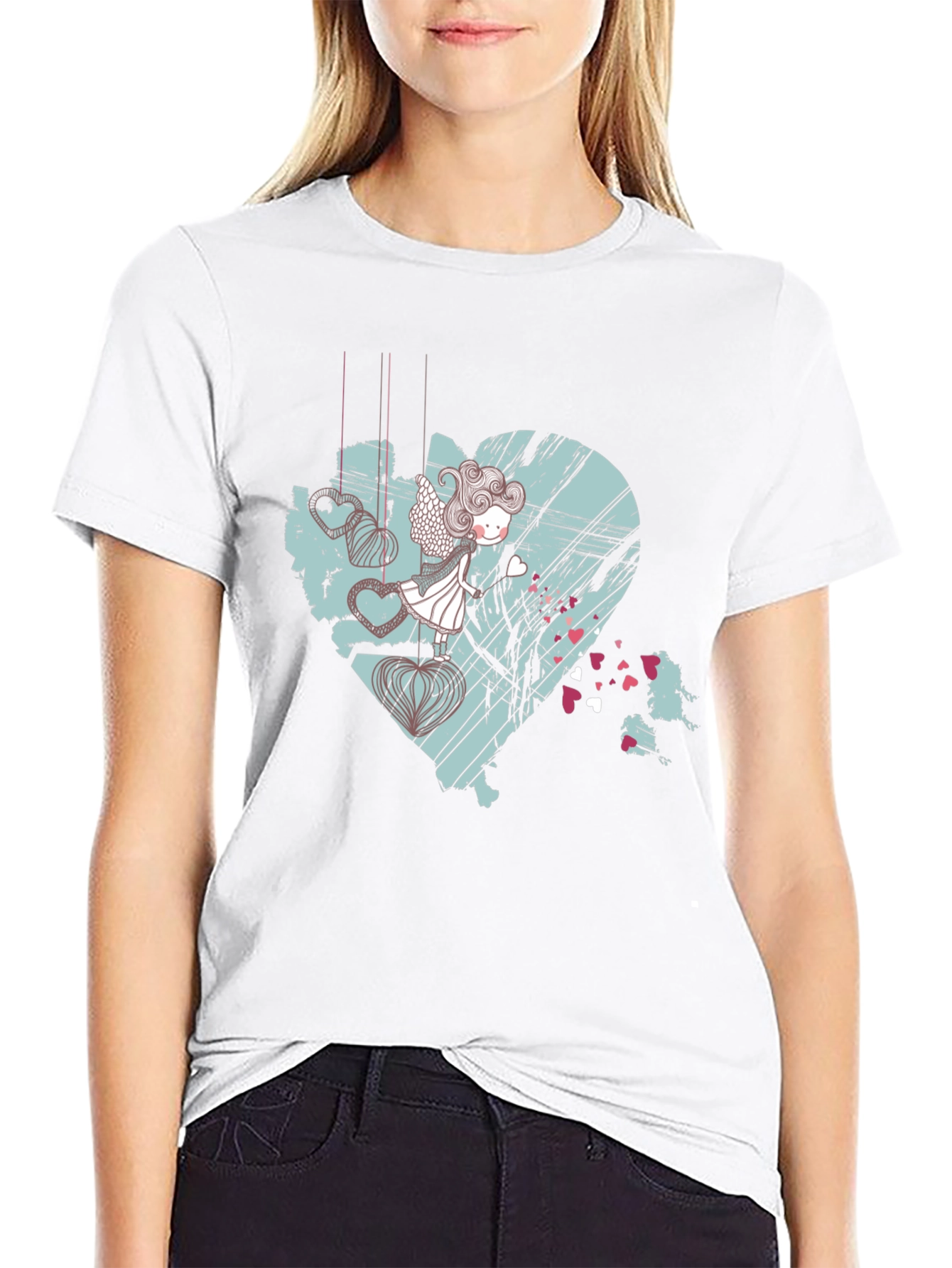 Artistic Heart Angel Graphic Tee - Black Cotton Blend