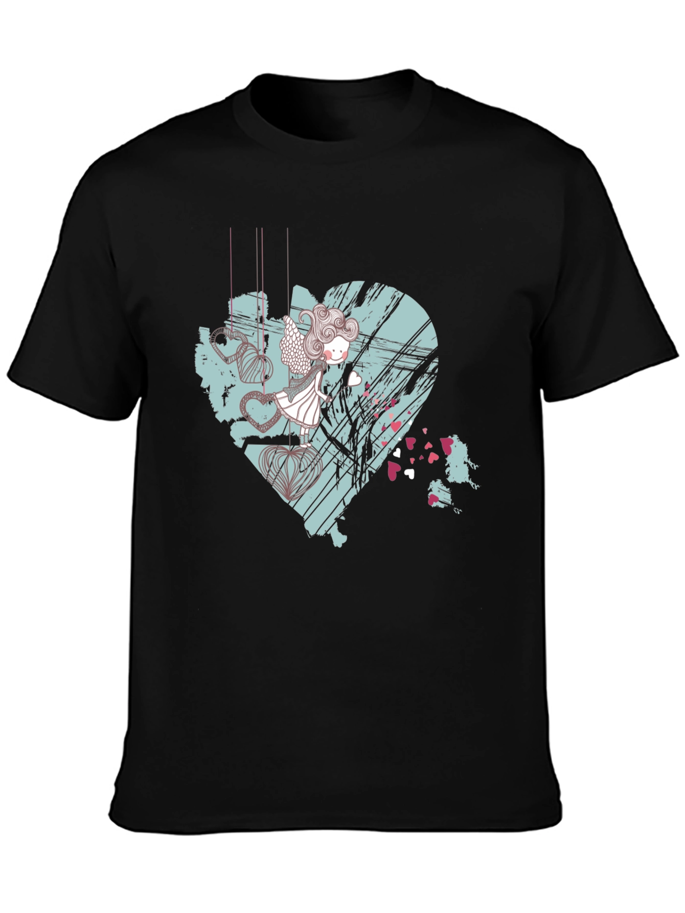Artistic Heart Angel Graphic Tee - Black Cotton Blend
