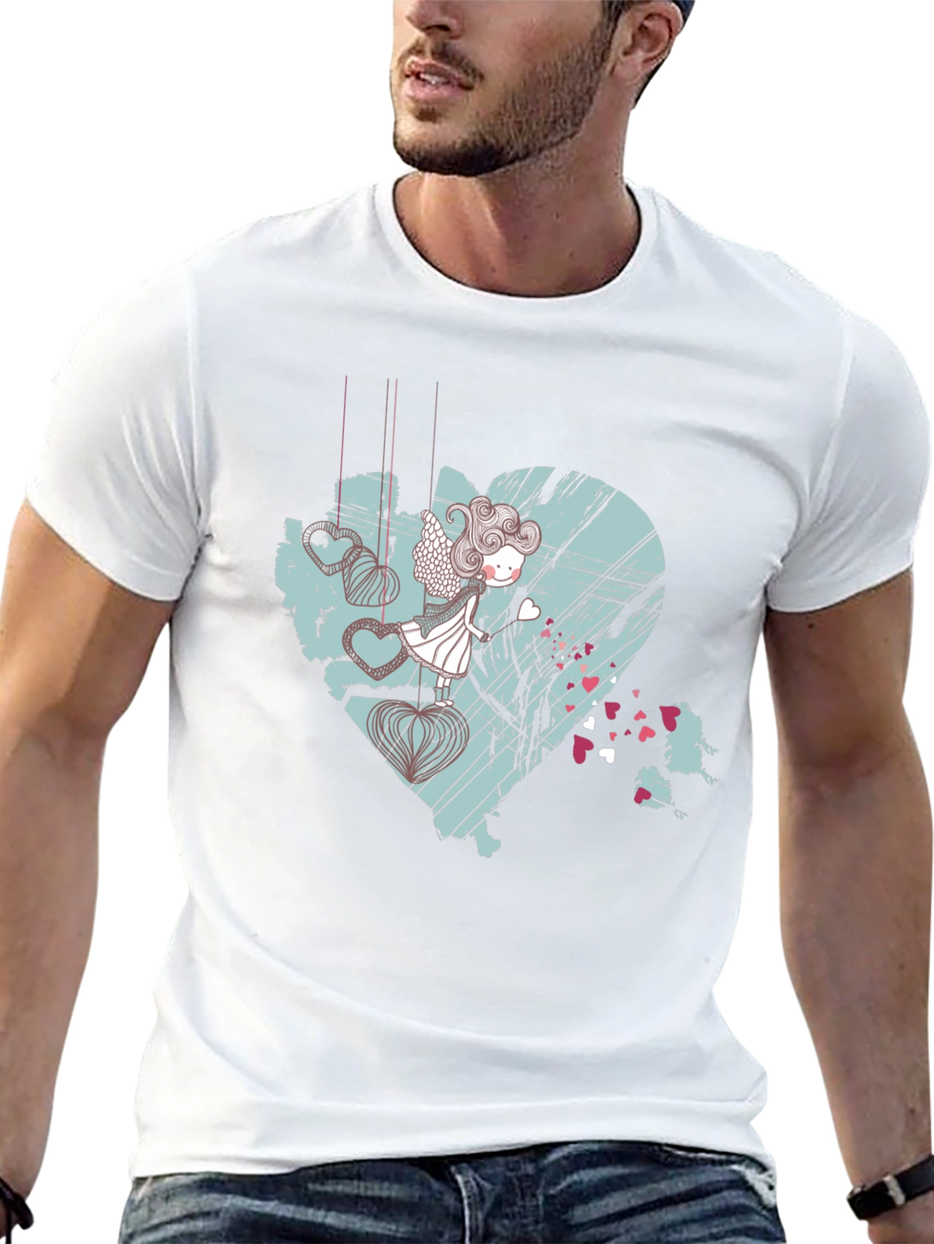 Artistic Heart Angel Graphic Tee - Black Cotton Blend