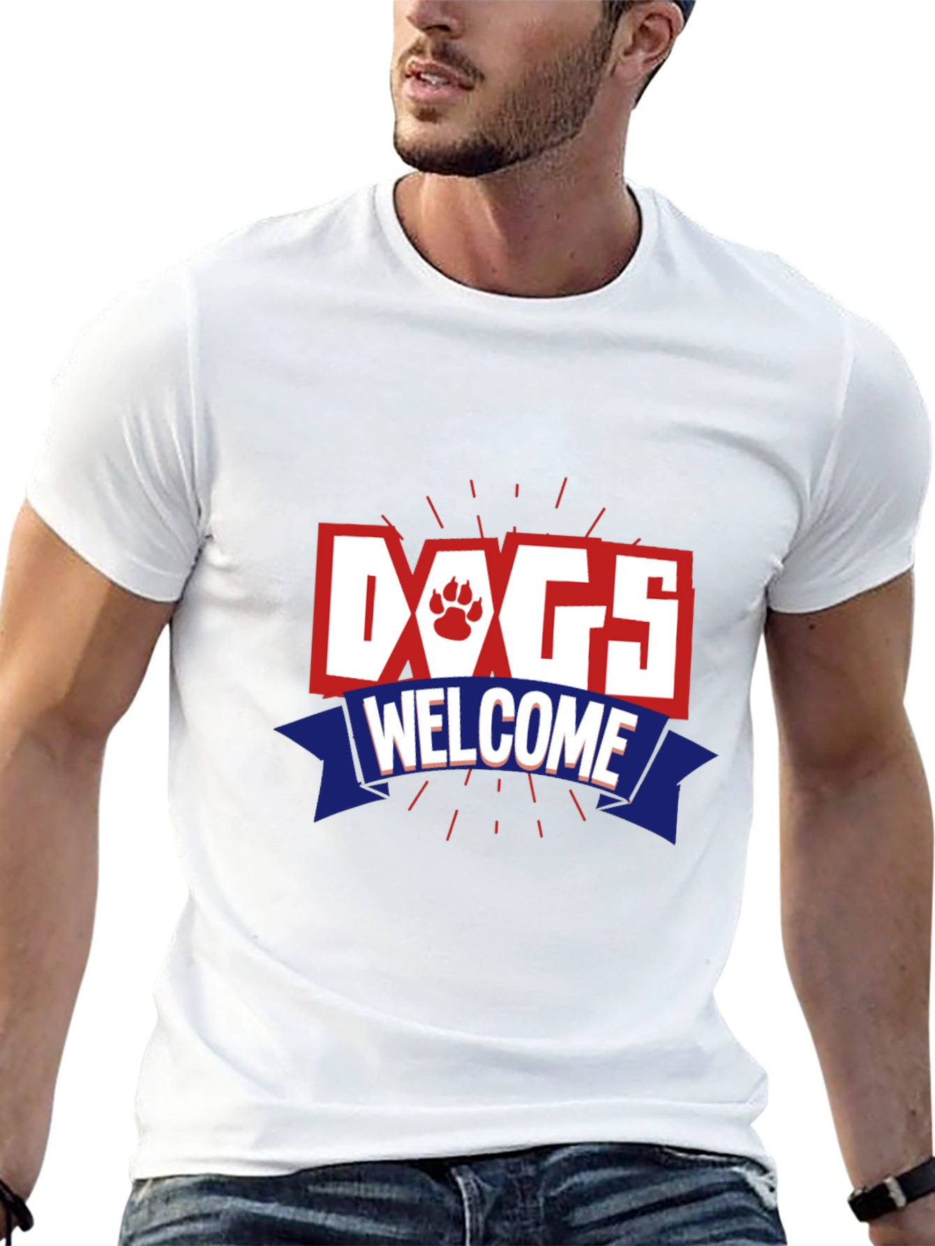 Dogs Welcome Graphic Print Crew Neck T-Shirt