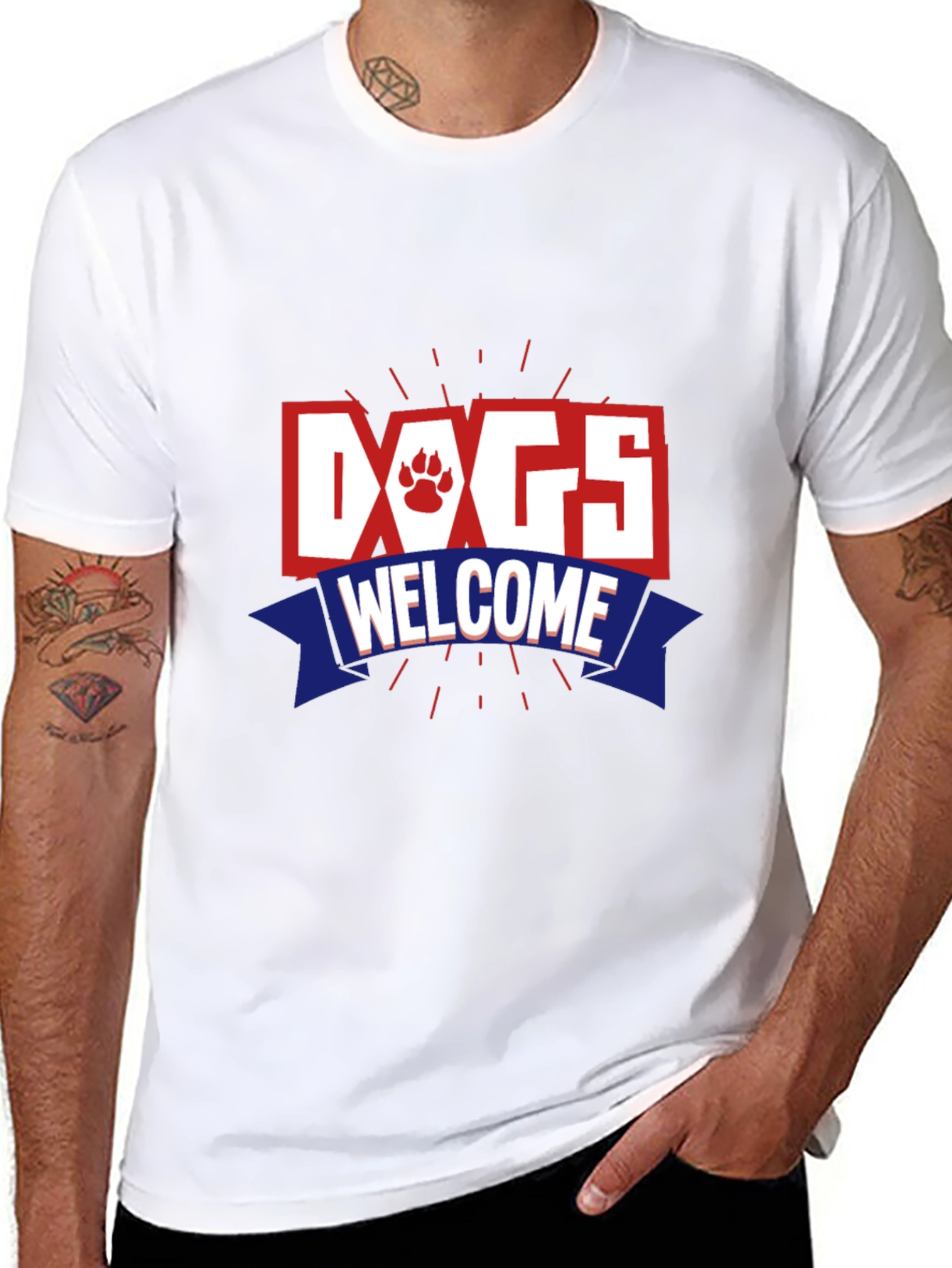 Dogs Welcome Graphic Print Crew Neck T-Shirt