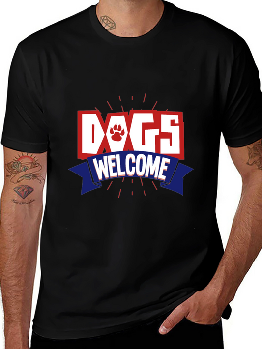 Dogs Welcome Graphic Print Crew Neck T-Shirt