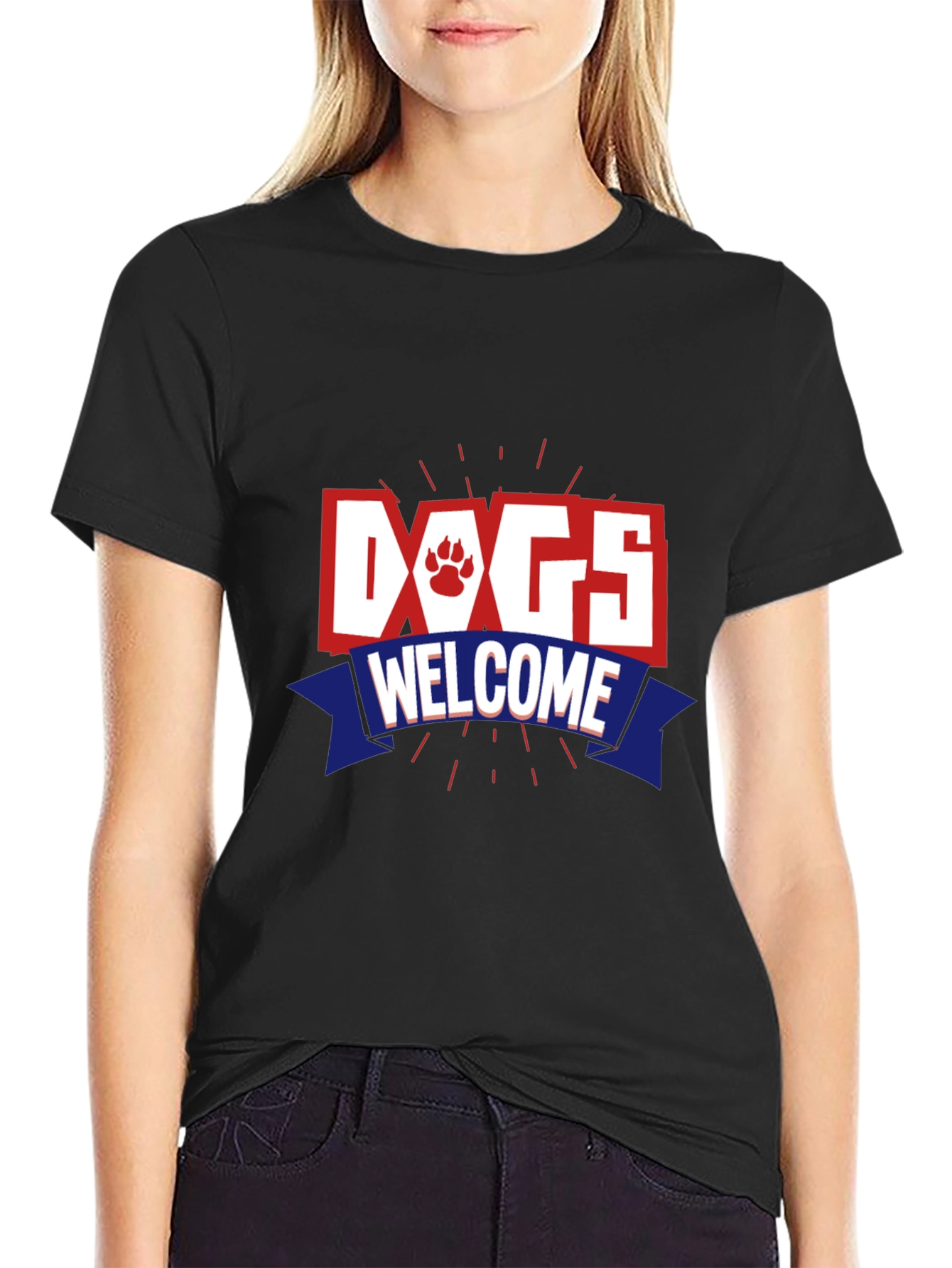 Dogs Welcome Graphic Print Crew Neck T-Shirt