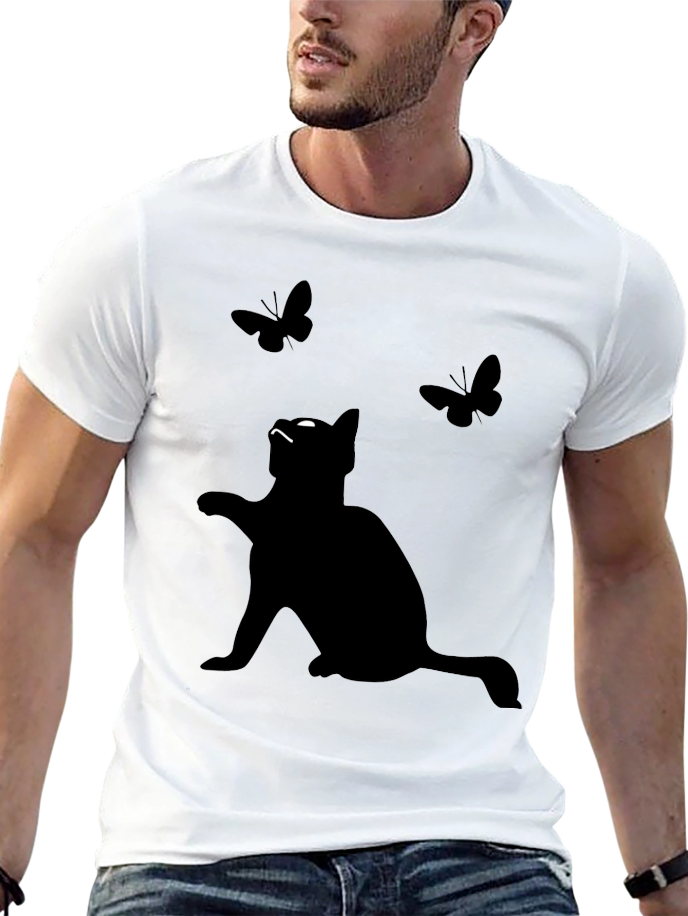 Cat & Butterfly Graphic Tee - Mens Black T-Shirt