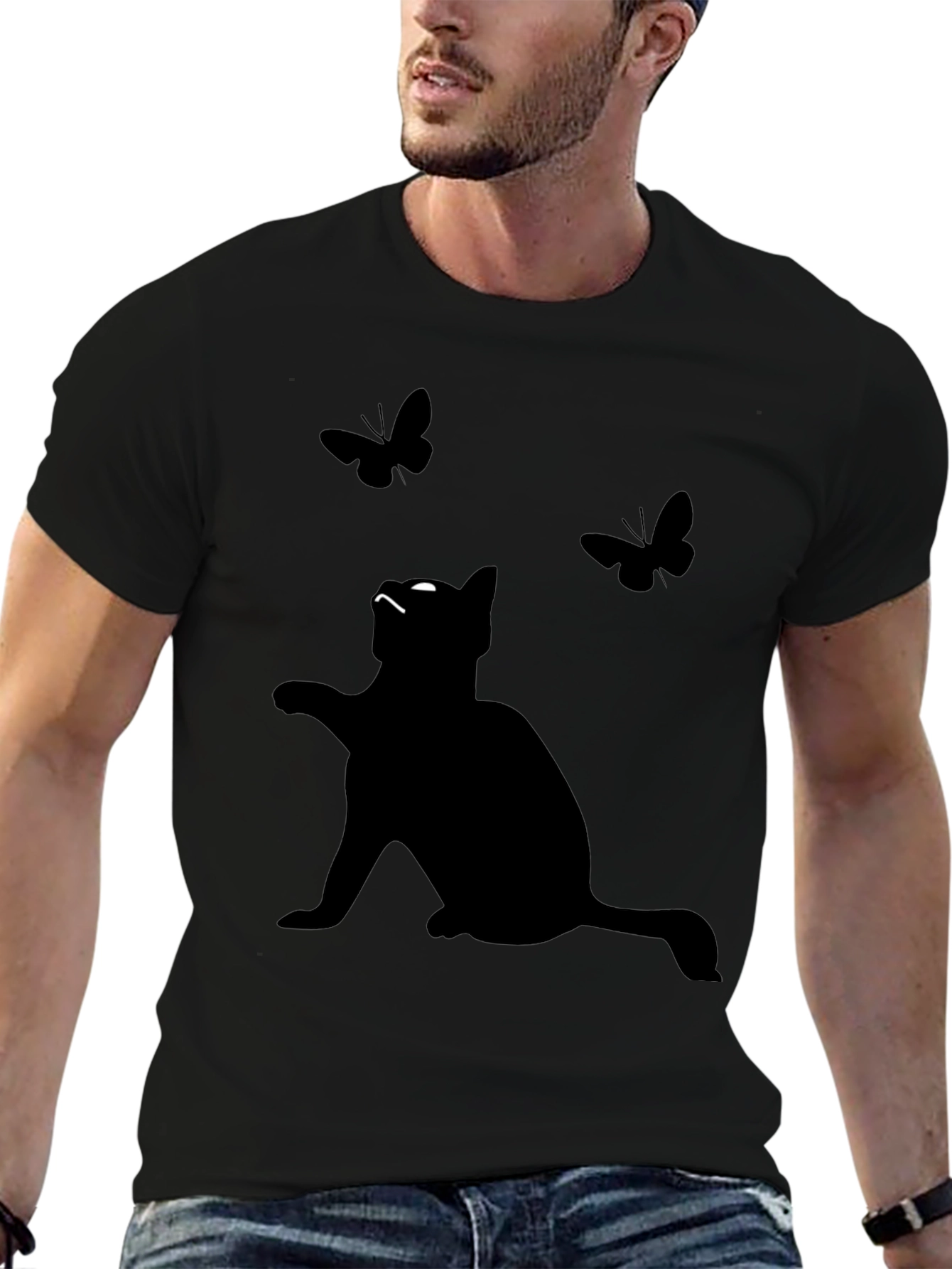 Cat & Butterfly Graphic Tee - Mens Black T-Shirt
