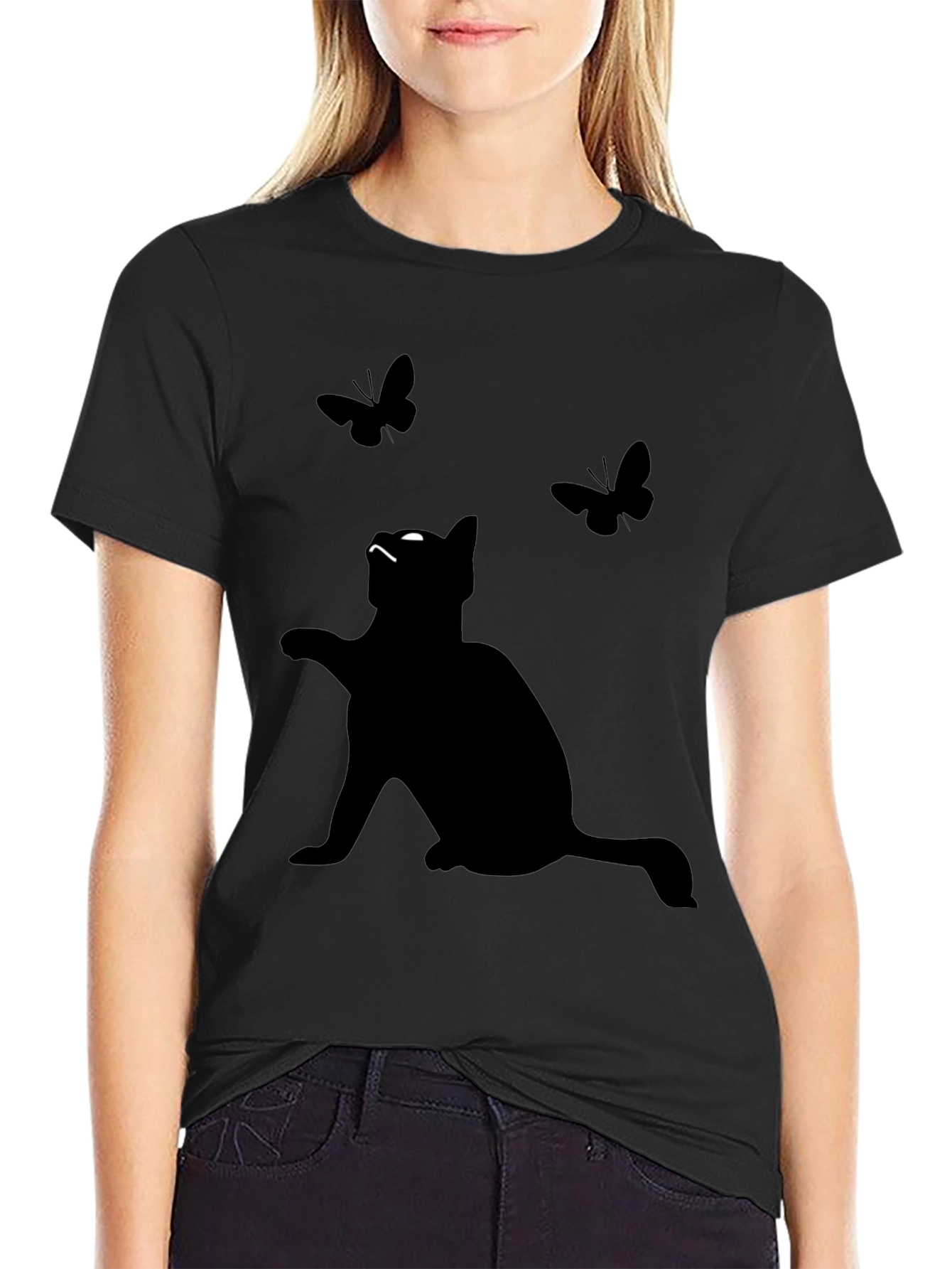 Cat & Butterfly Graphic Tee - Mens Black T-Shirt