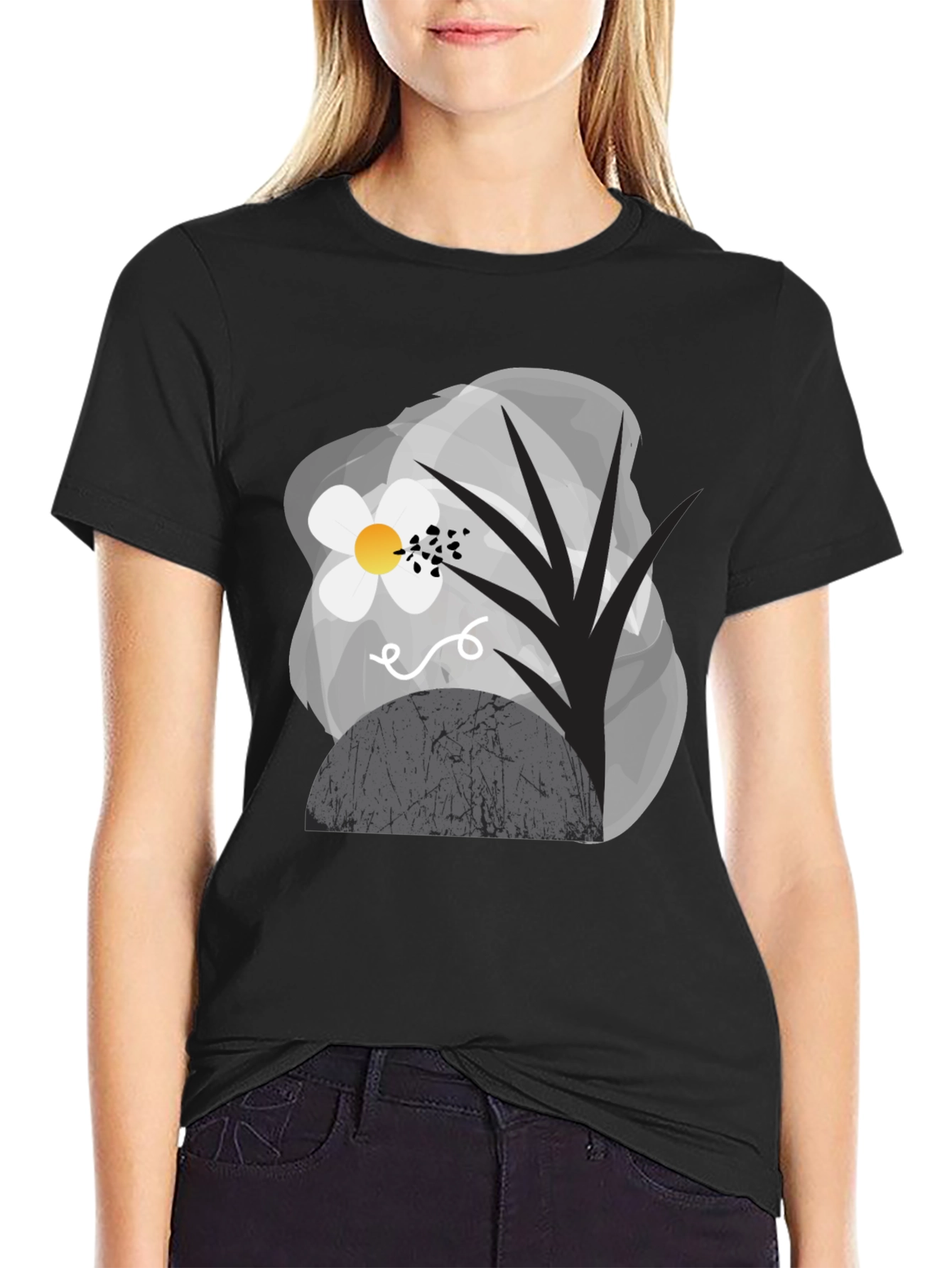 Abstract Floral Graphic Tee - Modern Black T-Shirt