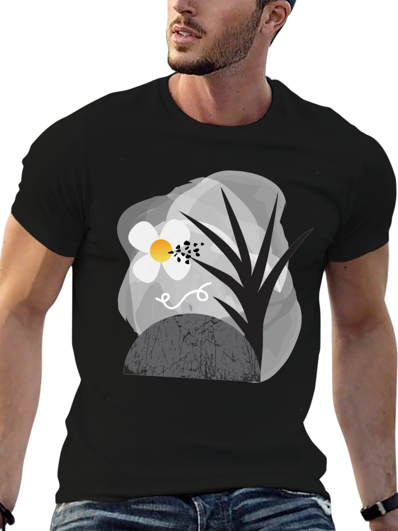 Abstract Floral Graphic Tee - Modern Black T-Shirt