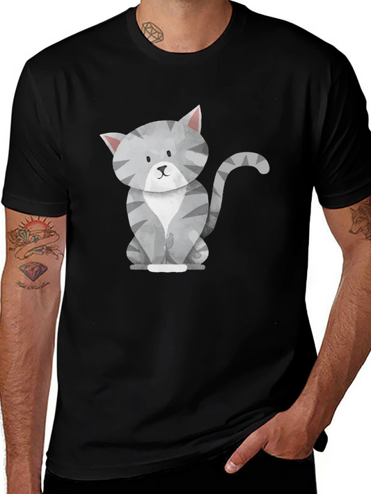 Cute Gray Cat Graphic Tee - Mens Black T-Shirt